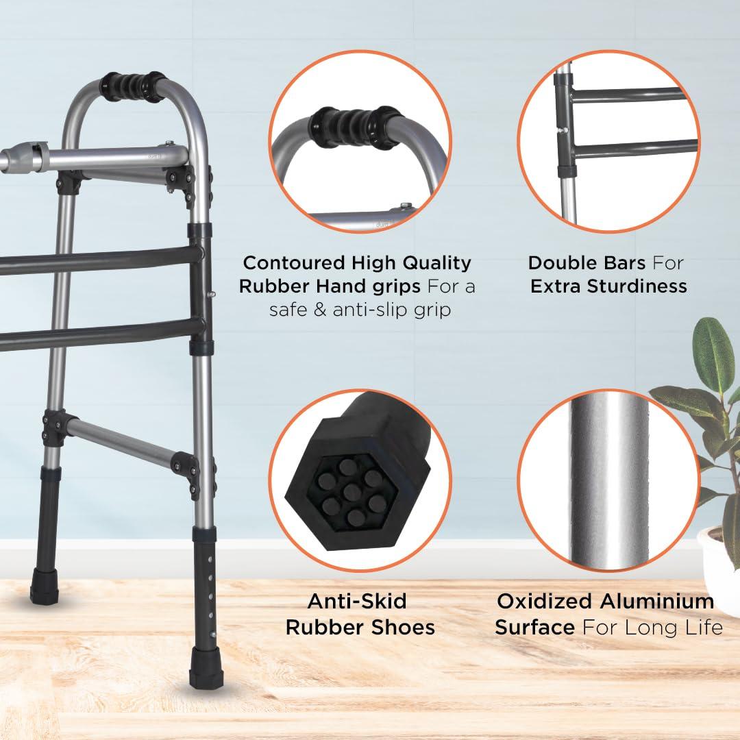 Vissco Vissco Dura Max Walker for Elderly and those Physically Challenged, Foldable, Light Weight & Height Adjustable Walking Aid - Made with Premium Grade Rubber Shoes and PVC Grip - Universal (Black)