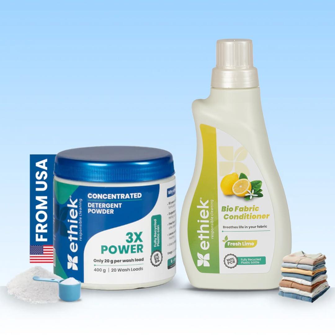 ETHIEK Ethiek Concentrated Detergent Powder (400g) & Fabric Conditioner (0.5L), Natural & Organic Detergent with 3X Power for Tough Stains and After Wash Fabric Softener, For Top & Front Load Machine - Combo