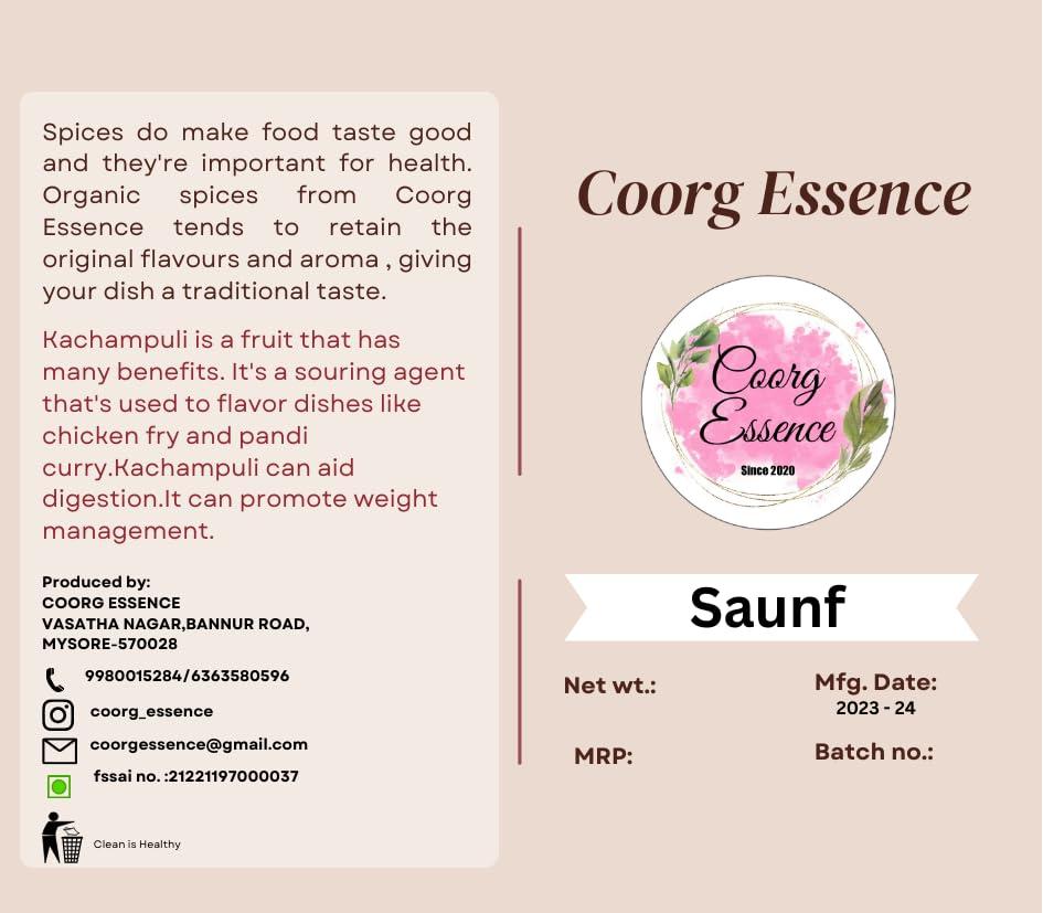 Generic Coorg Special 100% Organically Grown Fennel seeds/Whole Saunf/Variyali- Homestead Produce (100 gms)