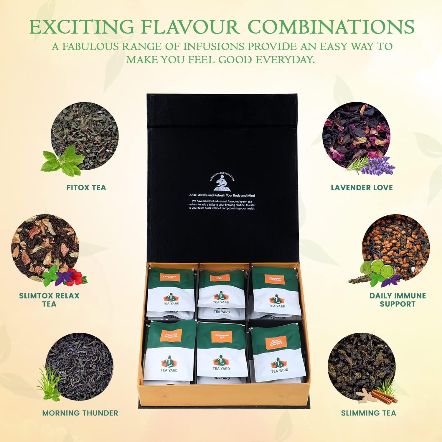 TEA YARD TEA YARD Assorted Green Tea Low Caffeine 6 Rich & Natural Flavors in Lavender, Slimtox Relax, Slimming, Daily Immune, Morning Thunder, Fitox 24 Tea Bags Decaf Tisane Pack Ideal for Gifting