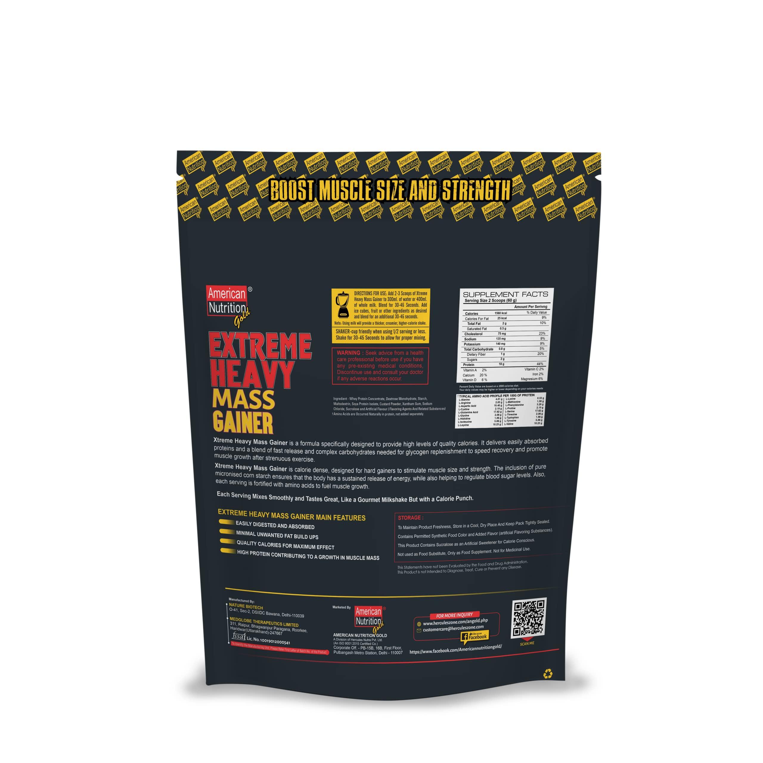 Eligator American Nutrition Gold Extreme heavy Mass Gainer for Lean Muscle | 20g Protein, 363 Calories with Vitamins and Minerals Muscle Gainer for Men (2.7kg) Vanilla