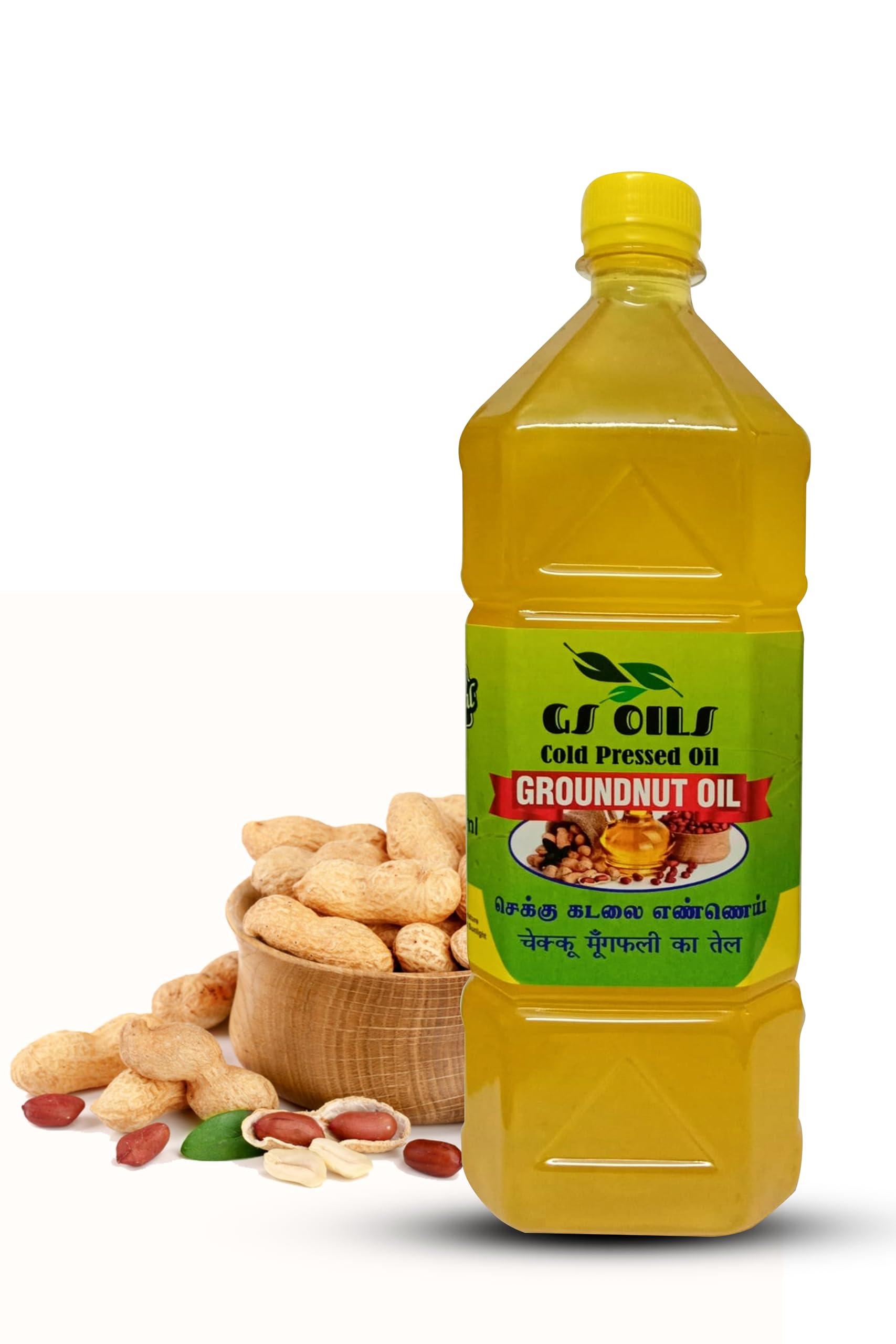 GS OILS GS OILS Cold Pressed Groundnut Oil/Mara Chekku Oil/Wood Pressed Peanut Oil - (1 Litre * Pack of 2)