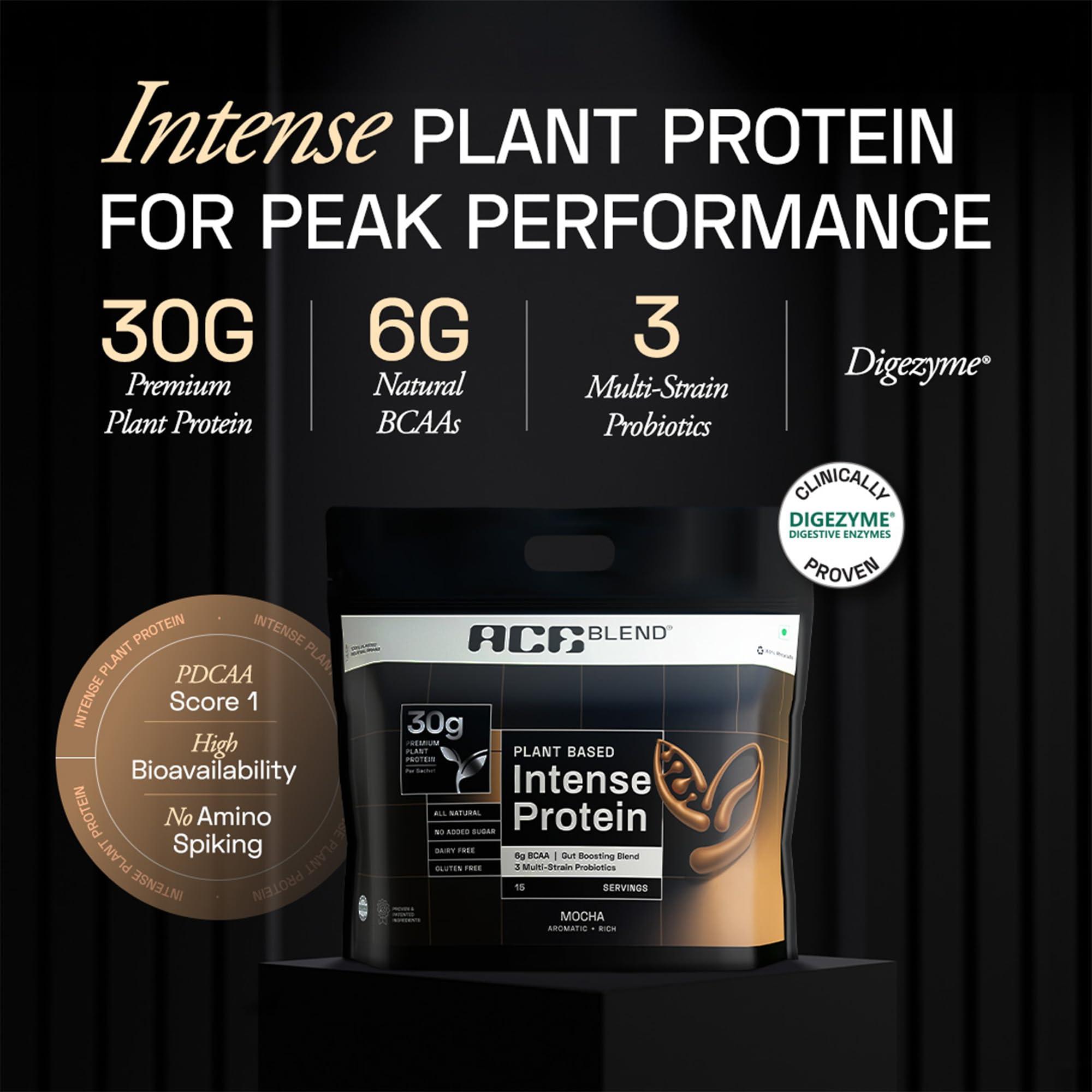 Ace Blend Ace Blend Intense 30G Plant Protein (15 Servings) | Pea & Brown Rice Isolate | 6G BCAA | Complete Amino Acid Profile | Gut Friendly | Muscle Growth & Recovery | Men & Women | Mocha Flavour