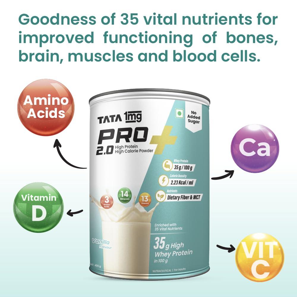 TATA 1MG Tata 1mg Pro+ 2.0 High Protein,High Calorie Whey Powder with MCT & Amino Acids for Energy, Muscle & Bone Strength,No Added Sugar,Vanilla Flavour,400gm