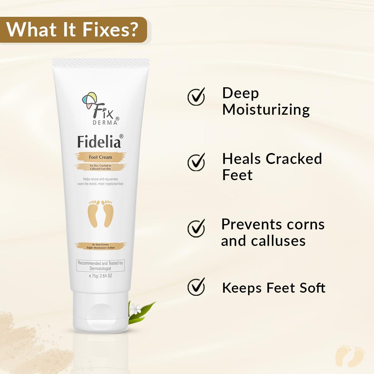 FIXDERMA Fixderma 5% Lactic Acid, 15% Urea, 3% Glycerine Fidelia Foot Cream For Dry & Cracked Feet, Moisturizes and Soothes Feet, Heel Repair Paraben & Sulphate Free, All Skin Types 75gm