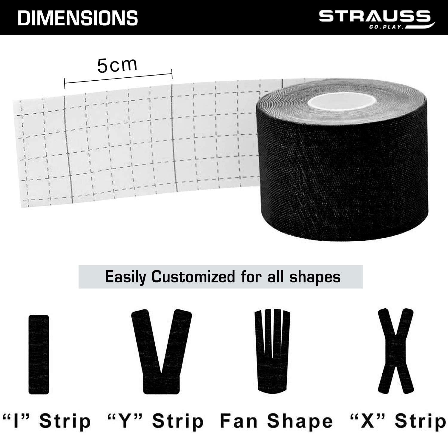 STRAUSS STRAUSS Kinesiology Sports Tape for Knee,Calf & Thigh Support|Waterproof Athletic Sports Tape for Muscle Support,Hand Leg Joint Support & Physiotherapy|Kinesio Tape for Sports Injury,(Black)