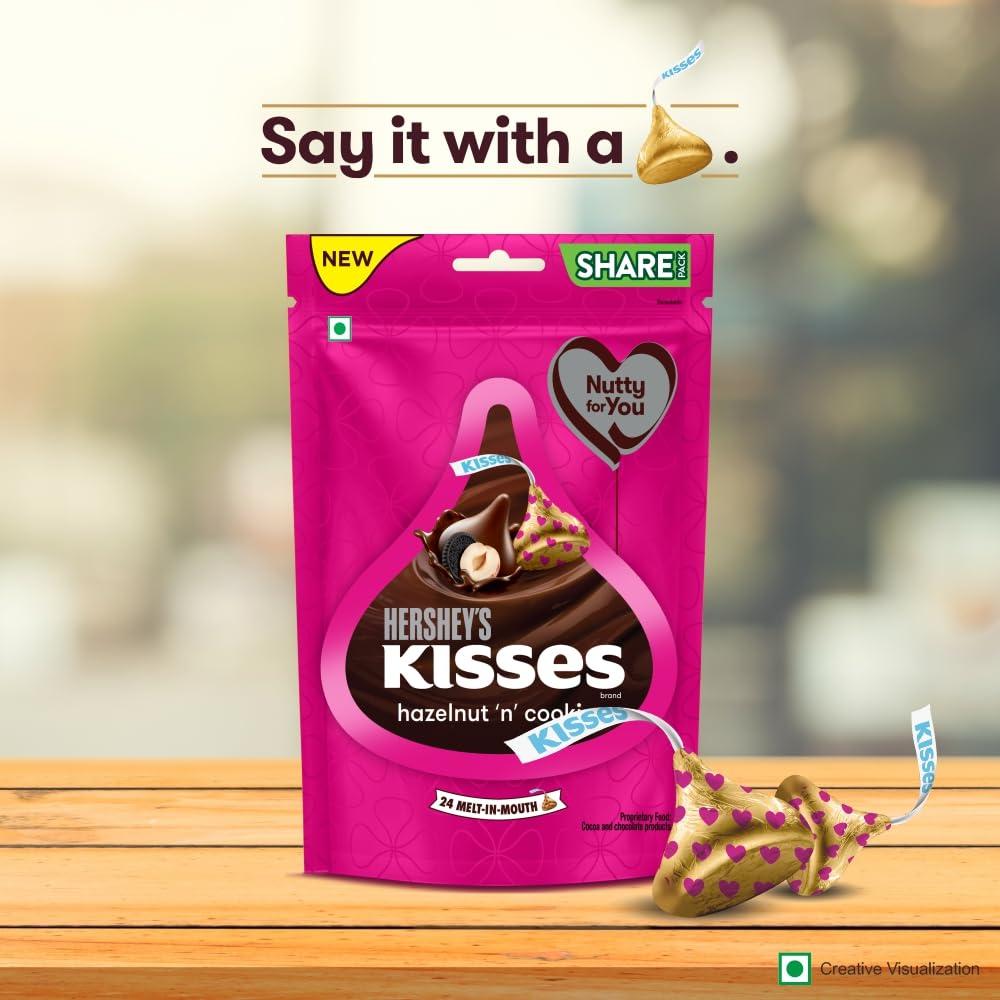 HERSHEY'S HERSHEY\'S Kisses Hazelnut \'N\' Cookies Pack Of 3 - Ingredients:Sugar,Milk Solids (21.5%),Cocoa Butter,Cocoa Solids (11.3%),Hazelnut Bits (5.5%),Cookies (4.5%) (Refined Wheat Flour (Maida), 100.8 Gm
