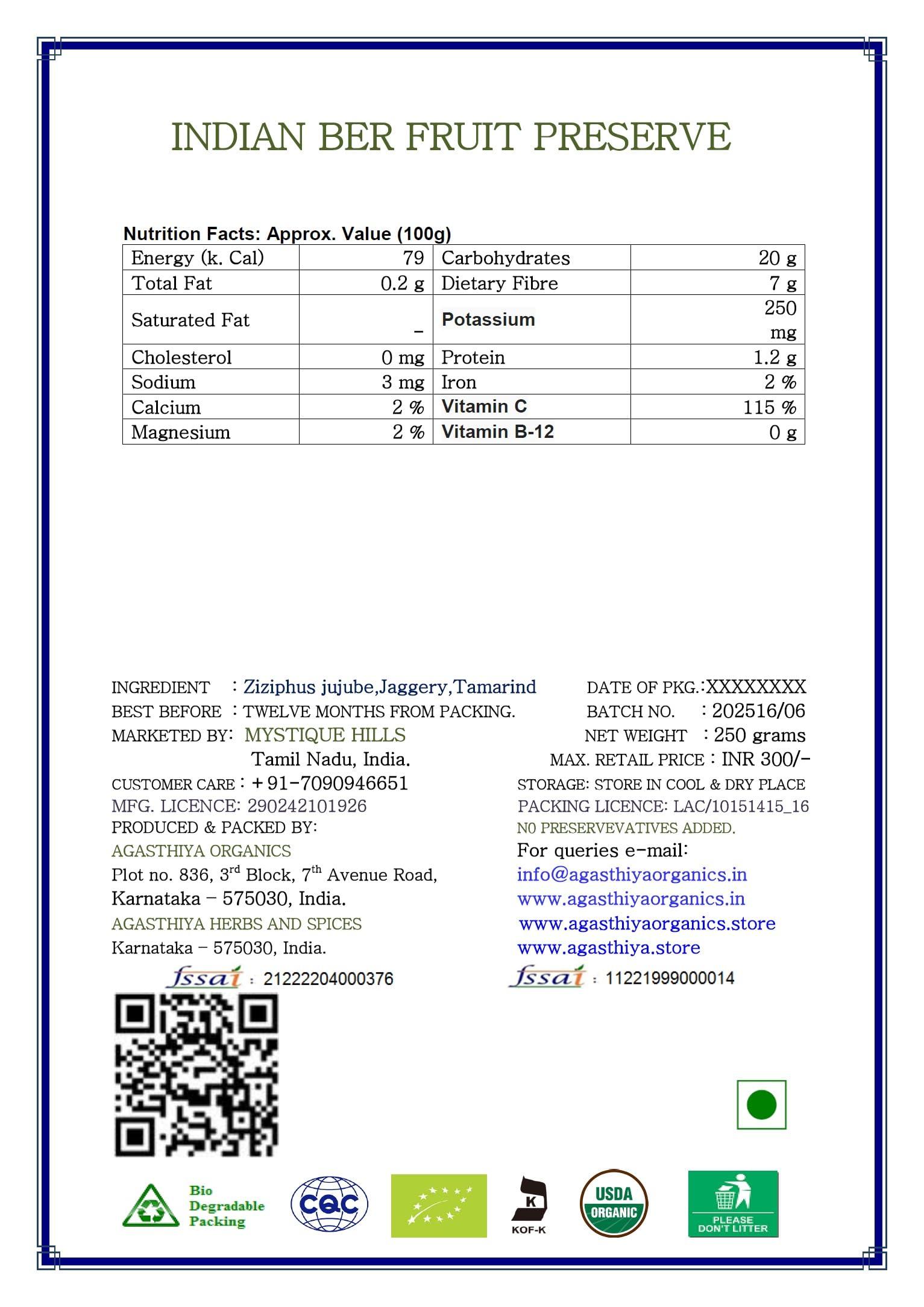 Mystique Hills Mystique Hills Indian Ber Fruit Preserve, Jujube (1 Kg)