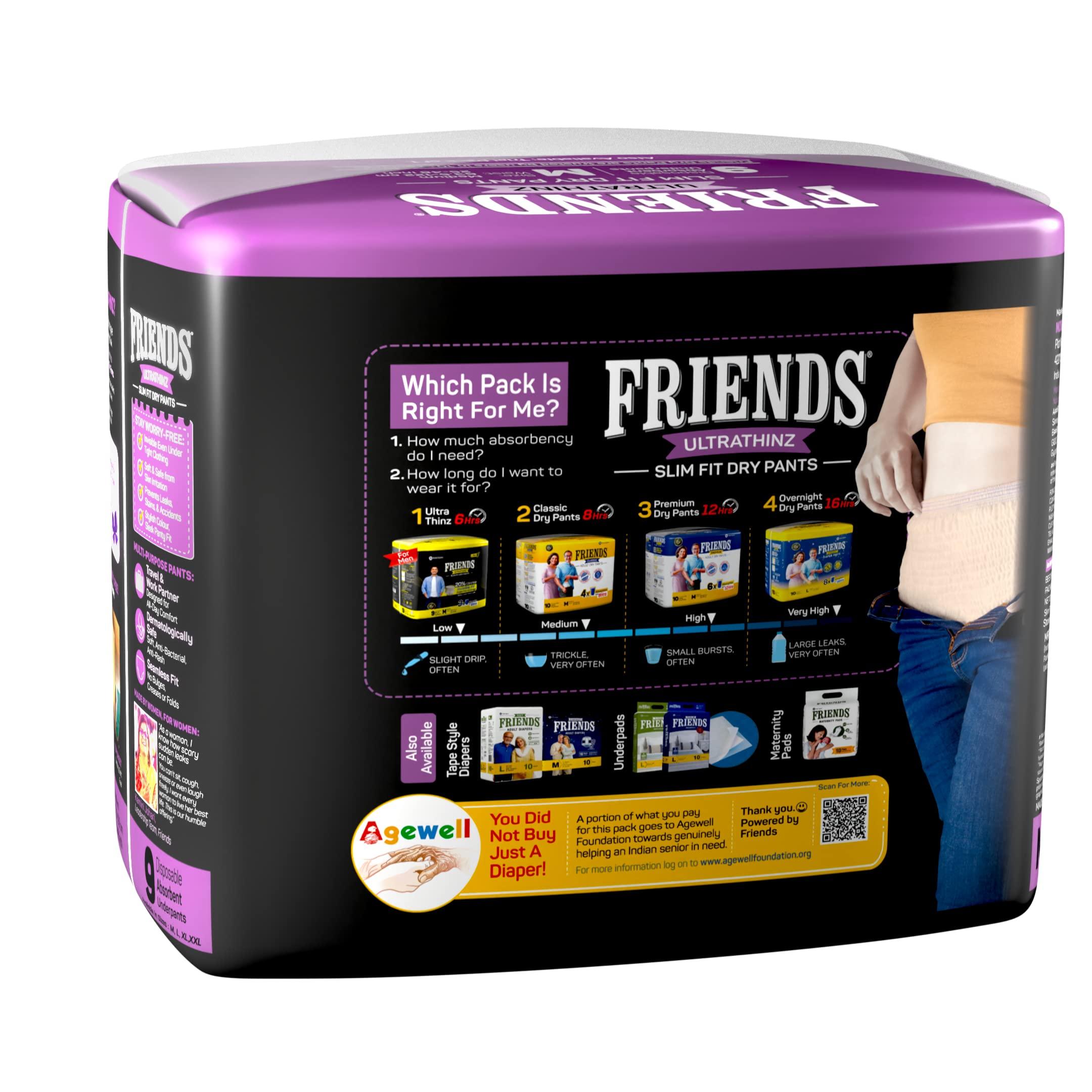 Friends Friends UltraThinz Slim Fit Adult Diapers (Dry Pants) for Women - Large 27 Count - with thin design, peach colour, and anti-rash - Waist Size 30-56 Inch ;76-142 cm