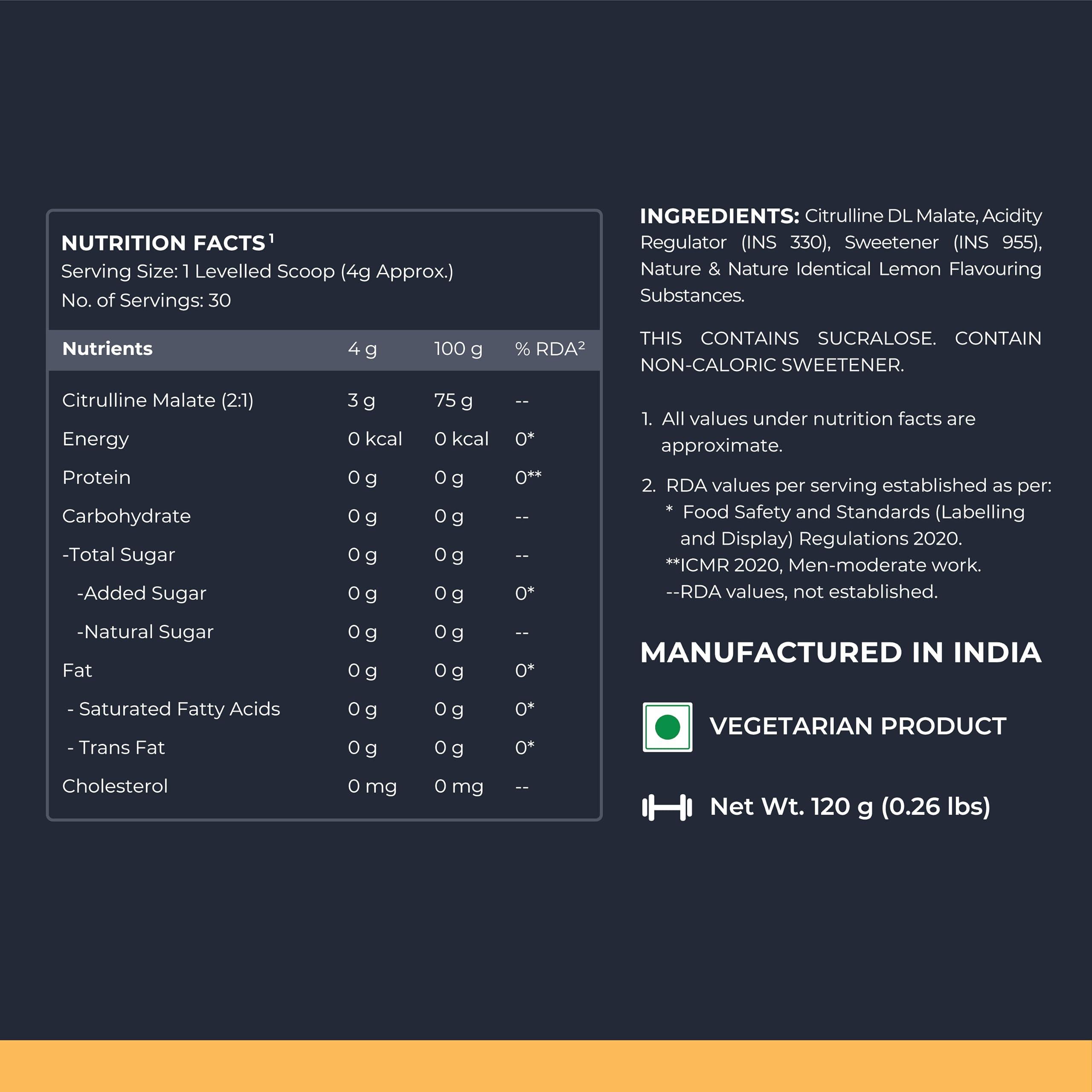 Nutrabay Nutrabay Gold Citrulline Malate 2:1 Supplement Powder - 120g, Lemon Flavor | Boosts Nitric Oxide, Pre Workout Amino Acid for Muscle Strength & Endurance