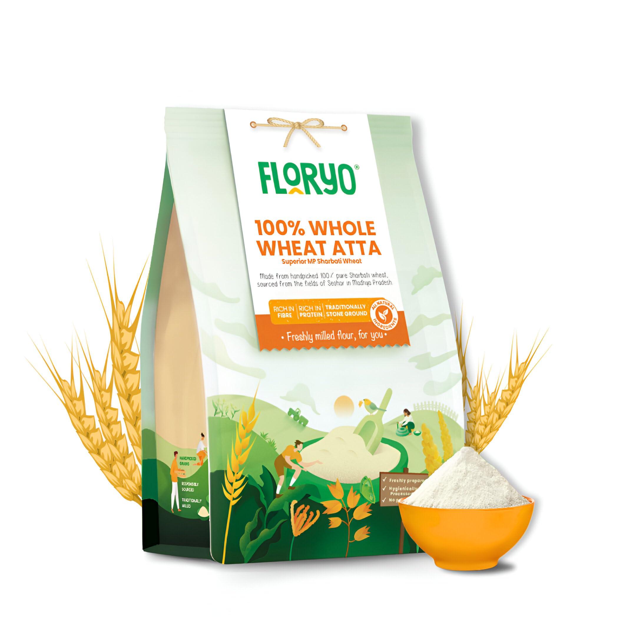 Floryo Floryo 100% Whole Wheat Atta (Superior MP Sharbati Wheat) | Coarse Texture | High Fibre | Freshly Milled After Order | Stone Grounded | 0% Maida | No Preservatives | 1Kg