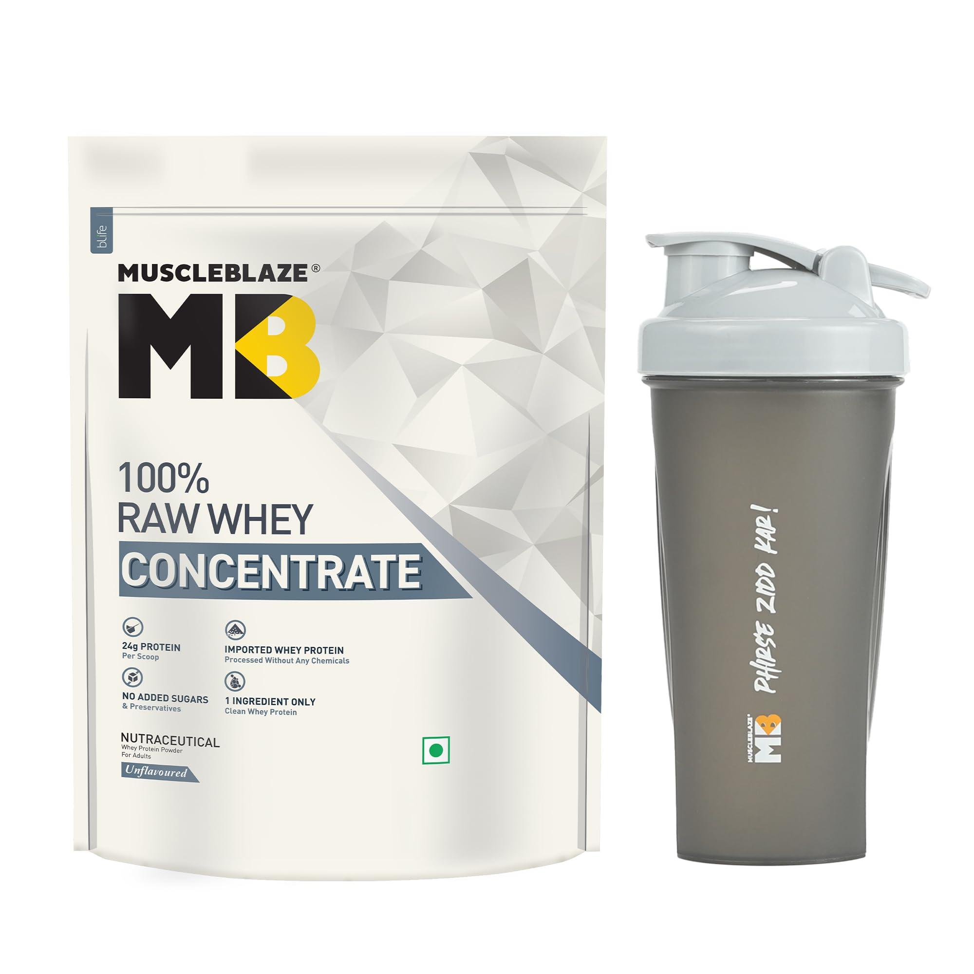 MuscleBlaze MuscleBlaze 100% Clean Raw Whey Protein Concentrate (Unflavoured, 1kg) | Easy to Digest with Shaker, 650ml (Combo Pack)