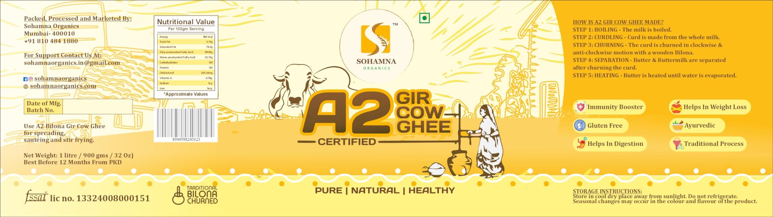 Sohamna Organics Traditional Vedic Ghee Premium A2 Gir Cow Cultured Ghee from Sohamna Organics | Vedic Bilona Two Way Hand Churned | Indian Gir Cow Ghee, Pure A2 Ghee, Natural & Healthy, Non-GMO (1 litre)