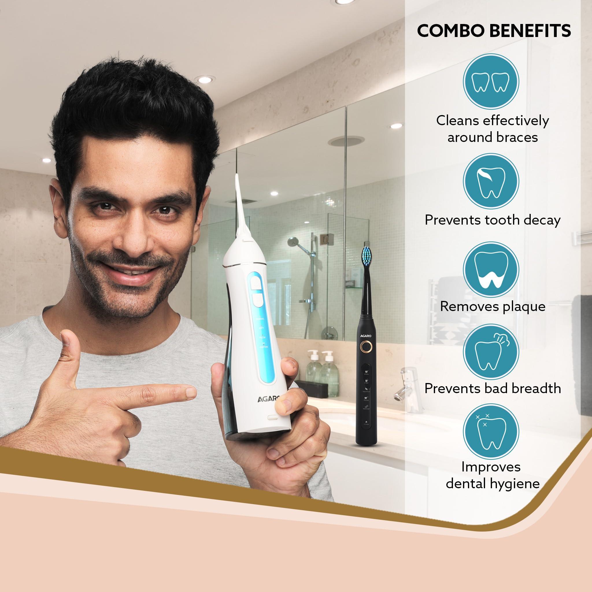 AGARO AGARO Cosmic Plus Sonic Tooth Brush Black & Ultra Portable Oral Irigator 200 ML White & Blue, Combo