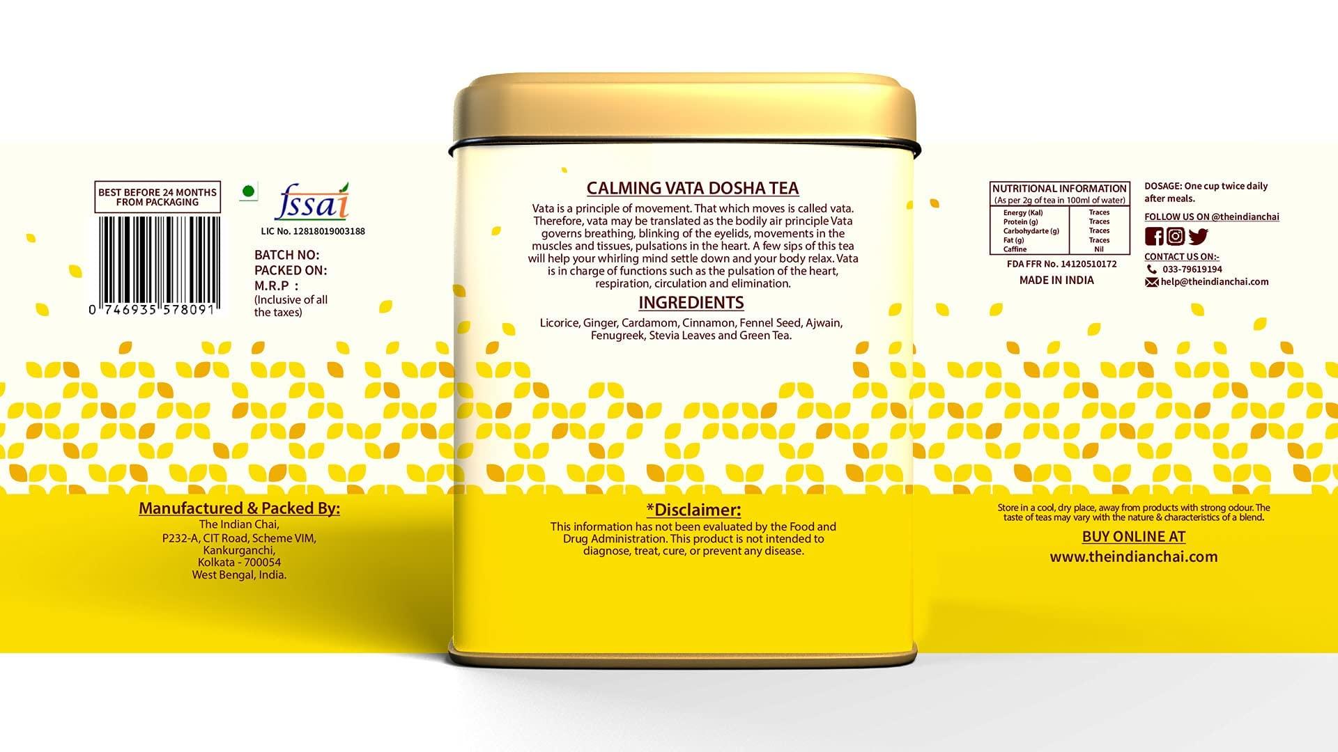 The Indian Chai The Indian Chai - Calming Vata Dosha Tea 200g with Ginger, Mulethi, Ajwain etc for Bloating & Cramping, Helps with Digestion, Helps Reduce Stress, Ayurvedic Herbal Tea