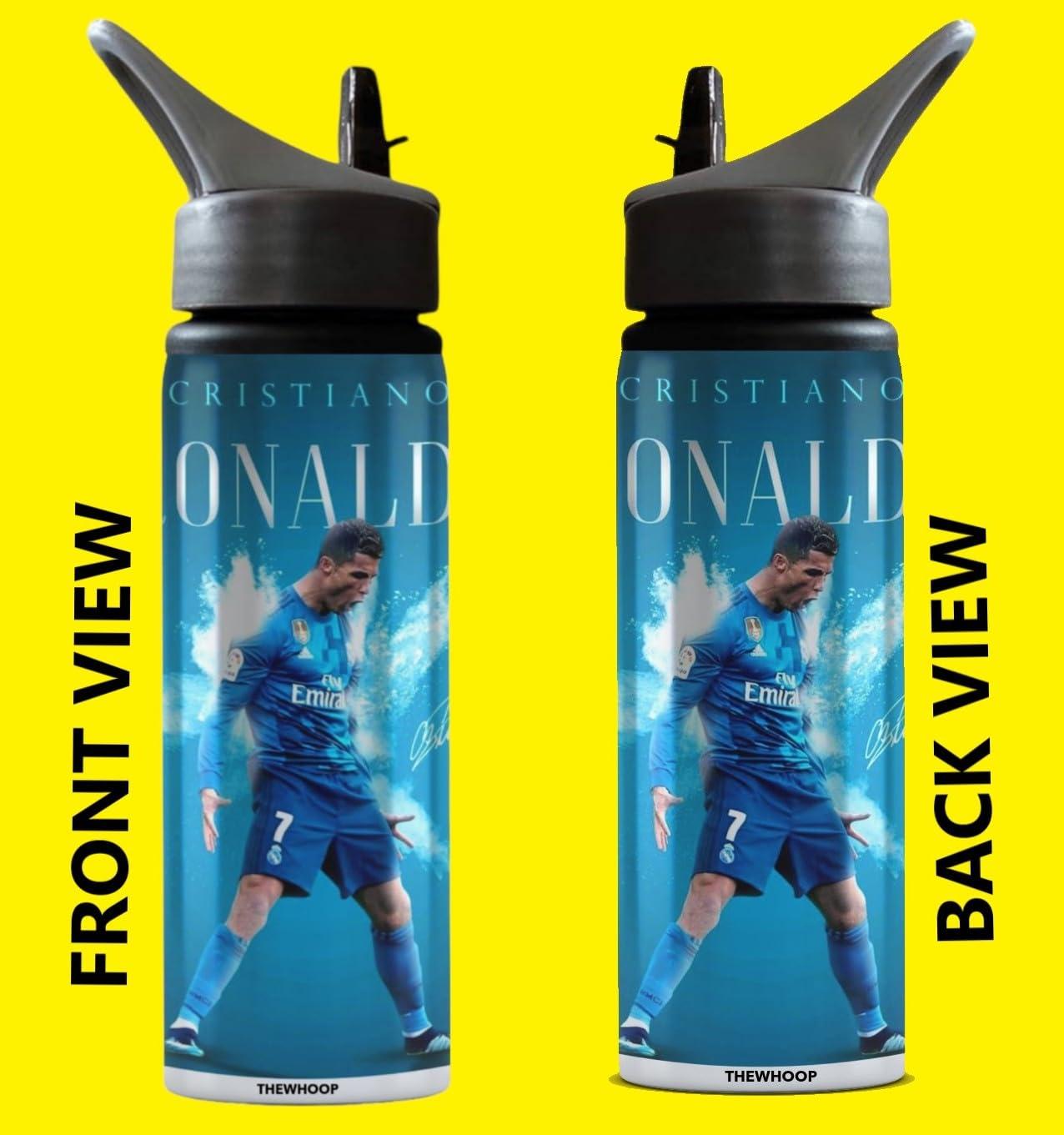 THEWHOOP THEWHOOP Cristiano Ronaldo Printed Sipper 750 ml Aluminium Bottle & Keychain with Holding Grip Feature | Best Gift for CR7 / Football Sports Fans (Green)