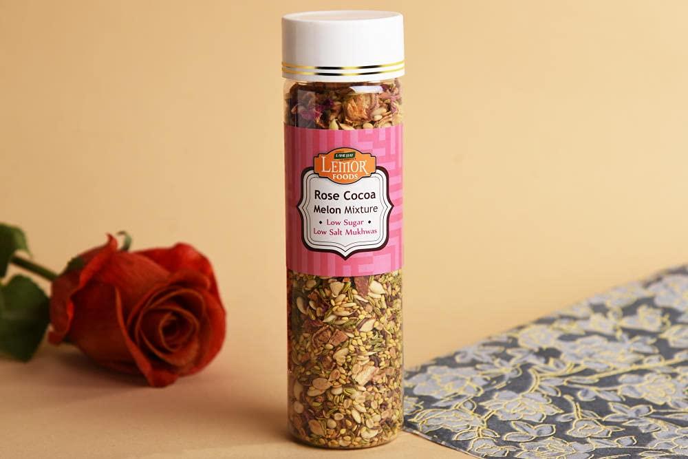 Lemor Lemor Rose Coco Melon Mixture (300 Gms, 2 Jars of 150 Gms Each) | Low Sugar & Low Salt Mukhwas | Healthy After Meal for Eating | Roasted Trail Mix Snacks