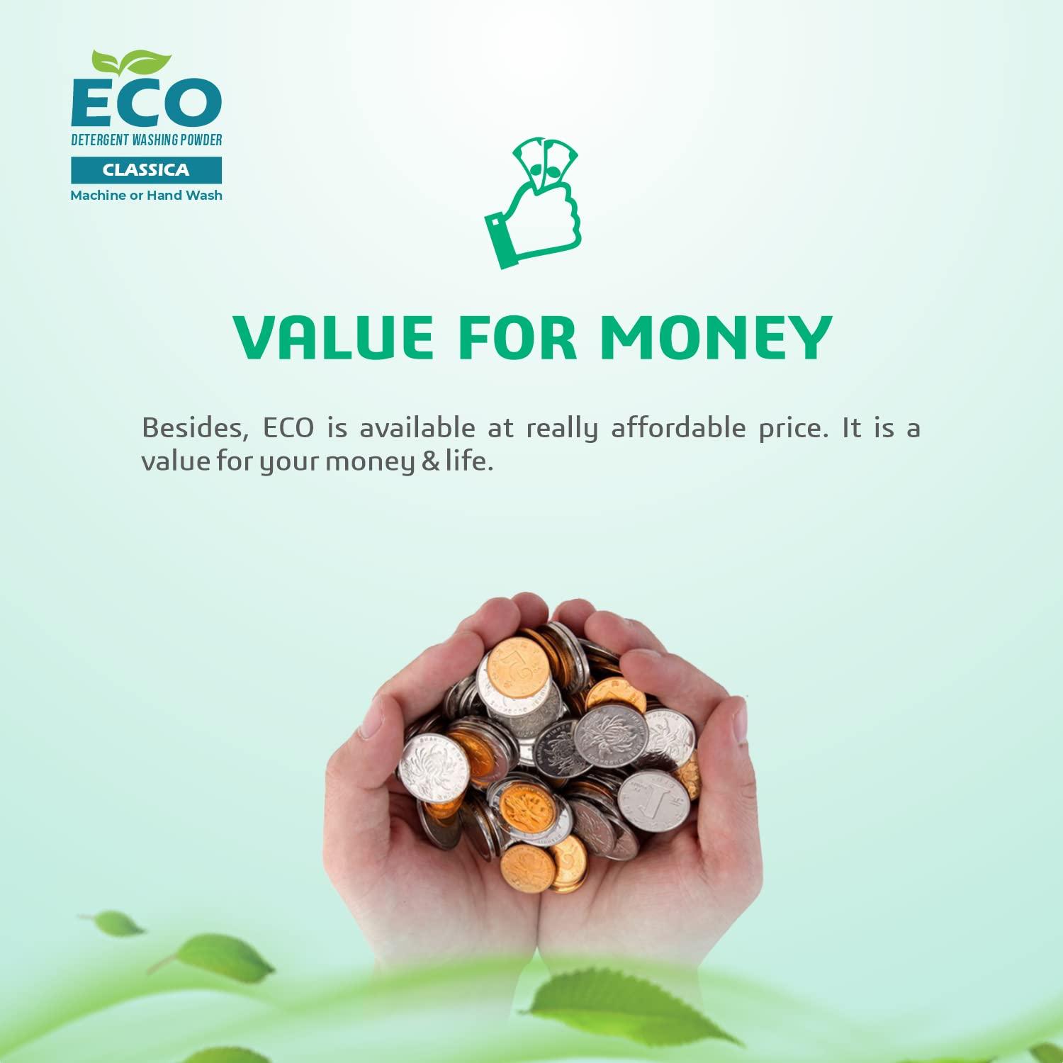 ECO ECO Detergent Washing Powder No Harmful Ingredients | made with Natural ingredients, Phosphate free No Sulphates, No Caustics | Laundry Detergent Powder for Front & Top Load (1 Kg, Classica)