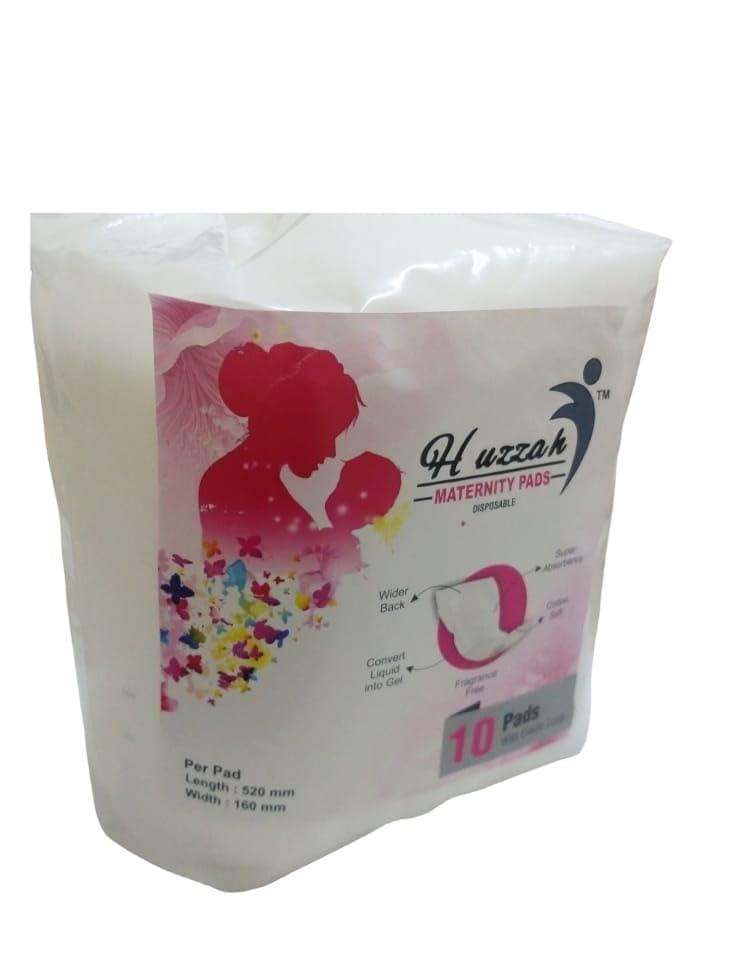 HUZZAH Maternity Pads -Pack of 10 Maxi- Cottony Soft After Delivery Pads for Moms With 1 Elastic Loop