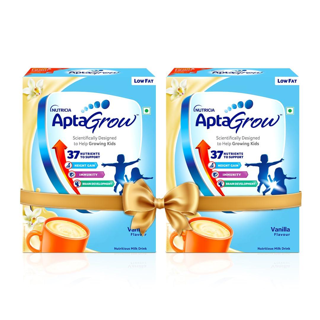 AptaGrow AptaGrow Milk Drink Powder for Kid s Height Gain, Immunity & Brain Development, Nutritious & Tasty Vanilla Flavor, 400g | 37 Nutrients | Prebiotics | Low Fat | Veg | Pack of 2