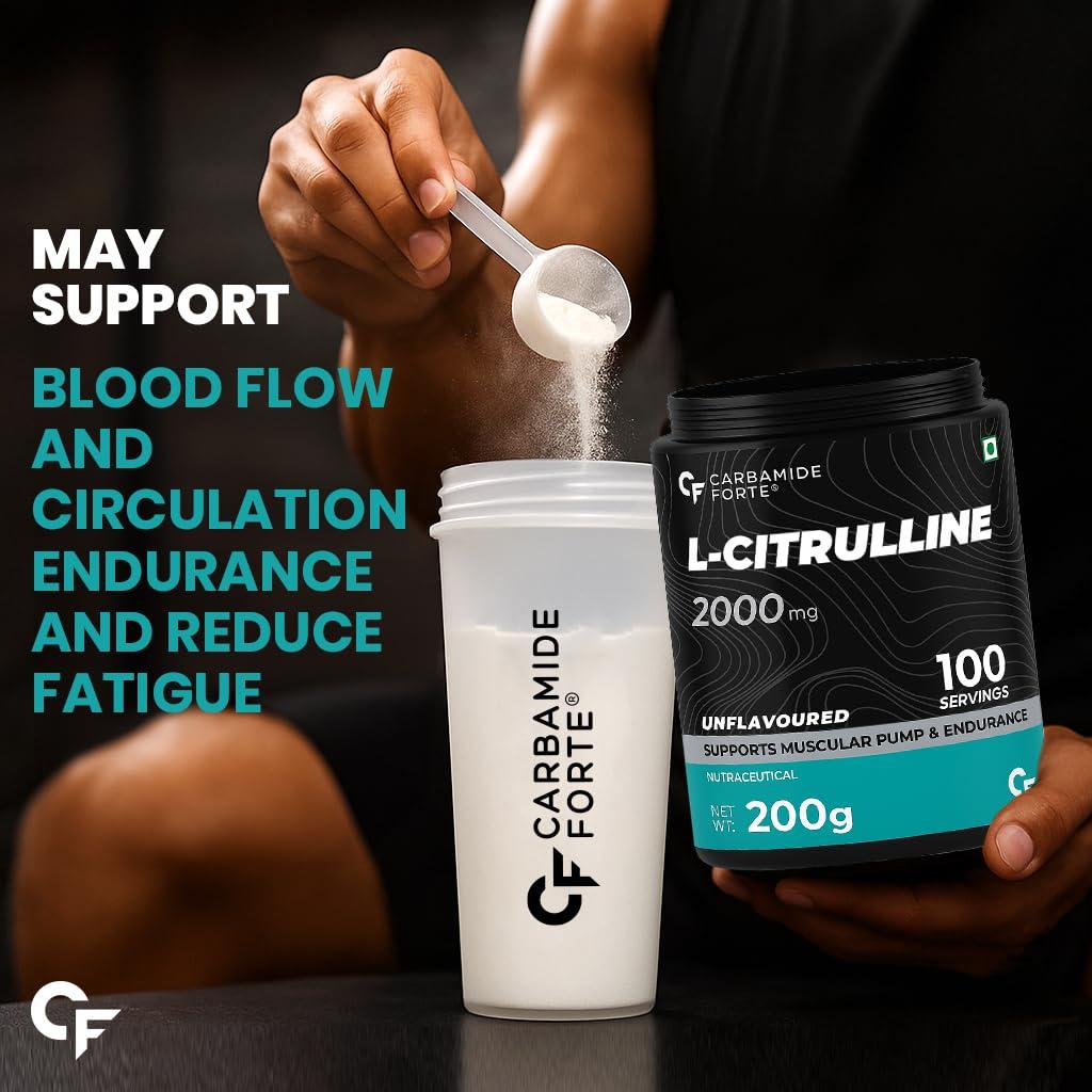 Carbamide Forte Carbamide Forte L Citrulline Powder 2000mg | Boosts Nitric Oxide, Pre Workout Supplements for Men & Women - Unflavoured - 100 SERVINGS - 200g