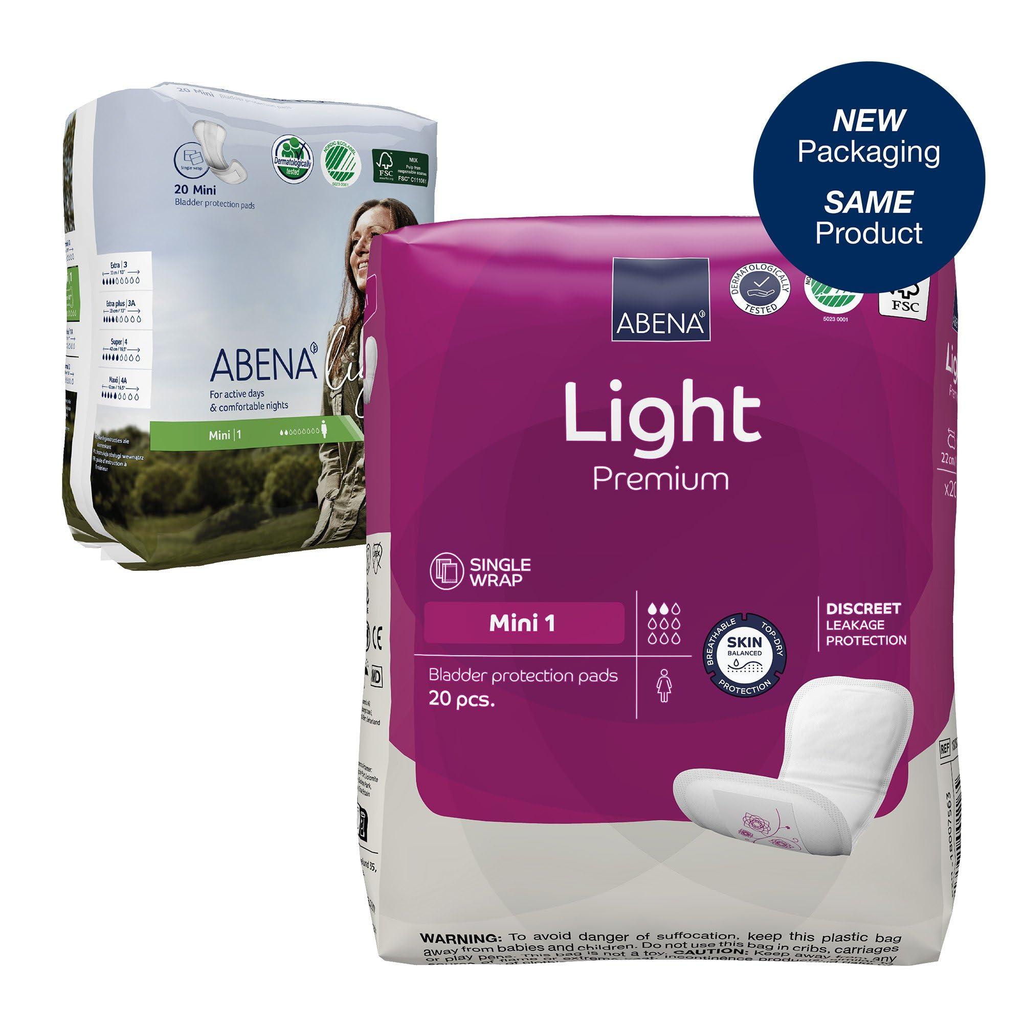 ABENA Abena Light Incontinence Pads For Women, Anatomically Designed Barriers For Urinary Leak Protection, Breathable, Comfortable with Fast Absorption, Self-adhesive Strips - Light Mini 1, 180ml, 20 Count