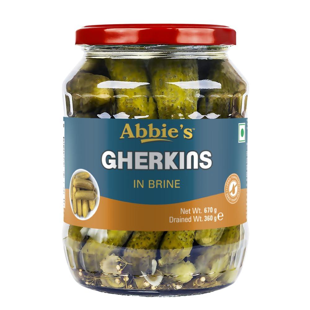 Abbie's Abbie's Gherkins Big in Brine, 680g, Pack of 2 Ready to Eat | Zero Fat Crunchy Pickle | Perfect Topping for Pizza, Pasta, Sandwich, Burger, Salad , Snacks and More |