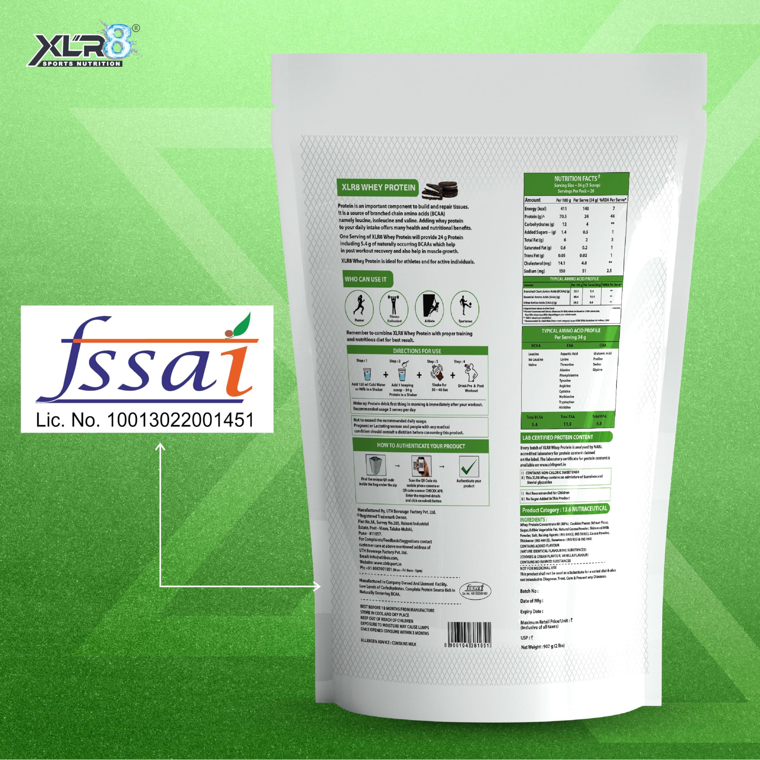 XLR8 XLR8 Whey Protein Powder with 24 g Protein Content & 5.4 g BCAA (907 g (Pack of 1), Cookies & Cream)