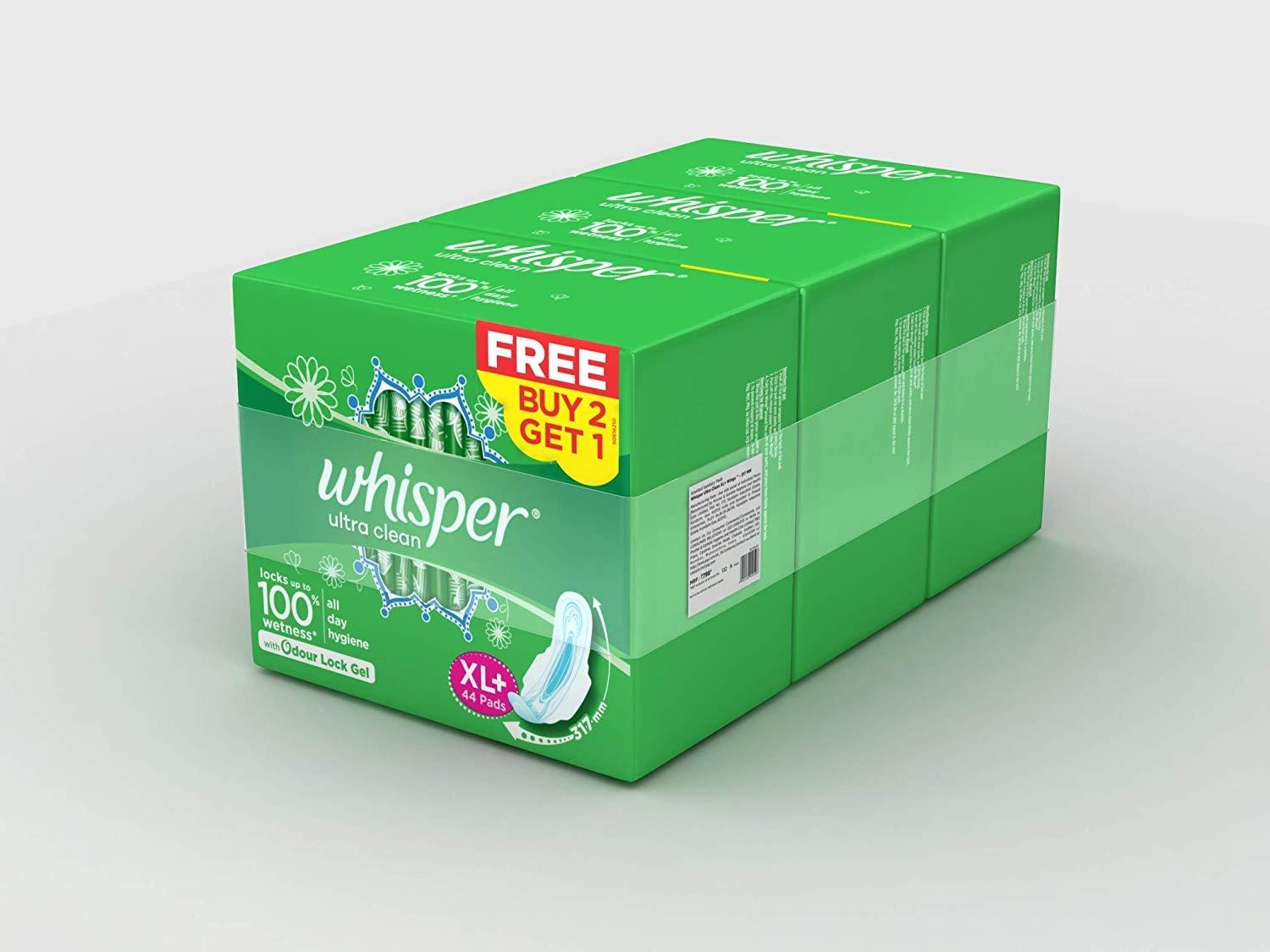 Whisper Whisper Ultra Clean Sanitary Pads for Women, XL+ 44 (Pack Of 3) Napkins