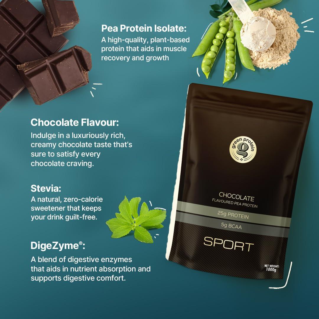 Green Protein GREEN PROTEIN Sport Vegan Plant Pea Protein Isolate Powder, 25gm Protein, 5g BCAA Per Serving, No Added Sugar | Soy Free, Dairy Free, Gluten Free, Allergen Free, Chocolate Flavor, 1kg