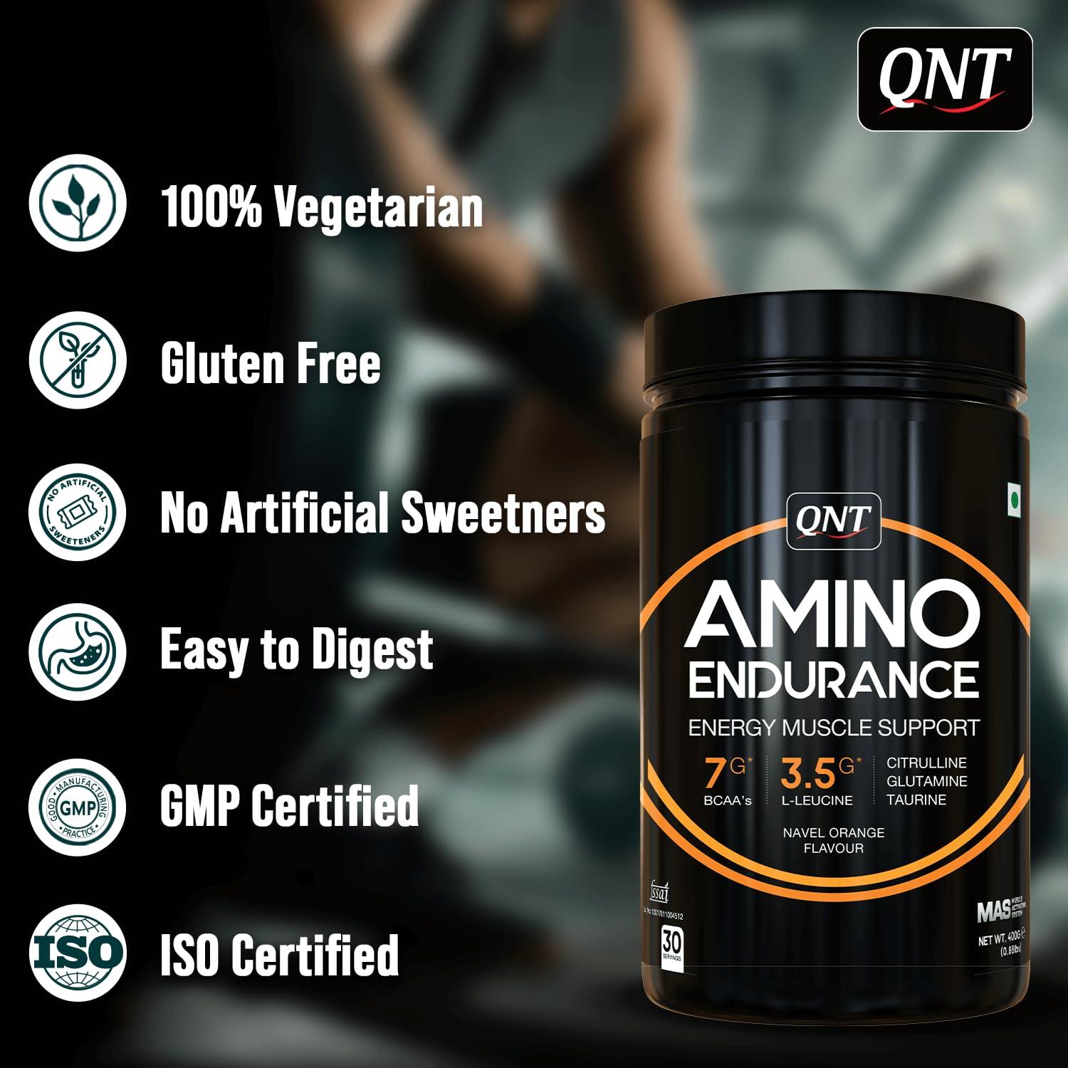 QNT QNT Amino Endurance (BCAA)| 400g | Lemon flavor | 30 Servings (7g BCAA, 3.5g L-Leucine, Vitamin B6) Supports Muscle Building & Recovery