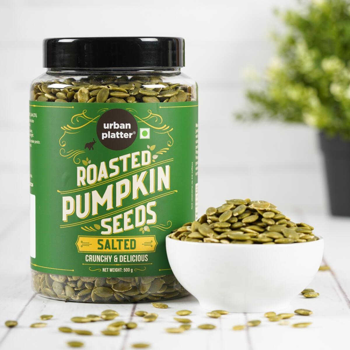 urban platter Urban Platter Roasted & Salted Pumpkin Seeds, 1Kg [Pack of 2 - 500g] (Use in Salads, Trail Mixes, Baked Goods, Granola Bars, Desserts | Source of Protein & Fibre | Keto Diet Friendly | Immunity Booster | Pepitas Seed | Healthy Superfood Snack)