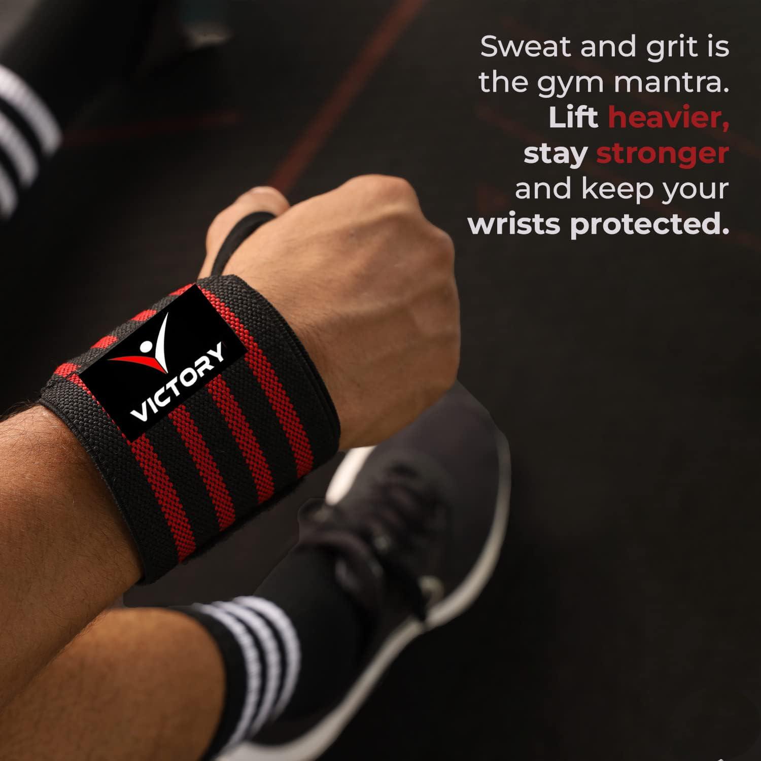 VICTORY VICTORY Professional Wrist Wrap Band, Wrist Strap for Gym and Fitness with Thumb Loop Straps Wrist Wrap Gym Accessories for Men Hand Grip & Wrist Support Sports Straps - Red, Cotton