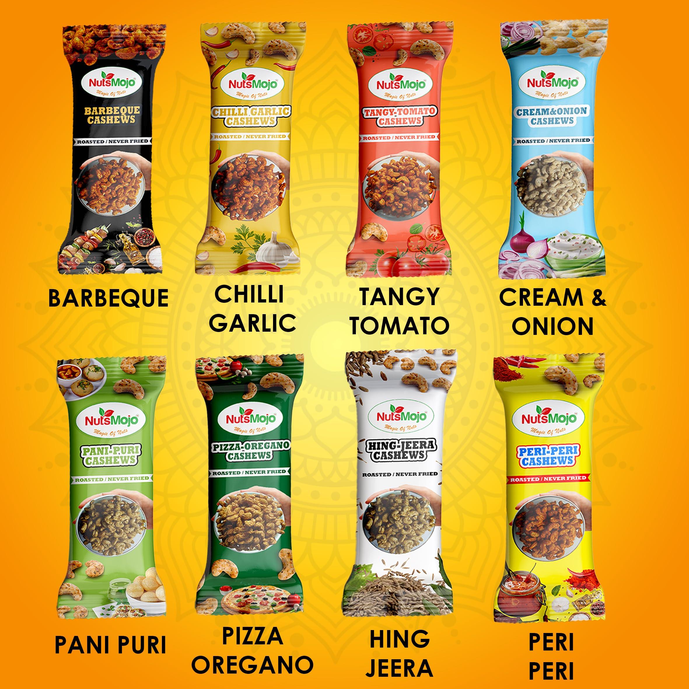 NutsMojo NutsMojo 8 Flavour Cashew Packets | Pack of 8 | Barbecue, Peri - Peri, Hing jeera, Pani - Puri, Chilli Garlic, Cream & Onion, Tangy Tomato, Pizza Oregano | Offer Pack