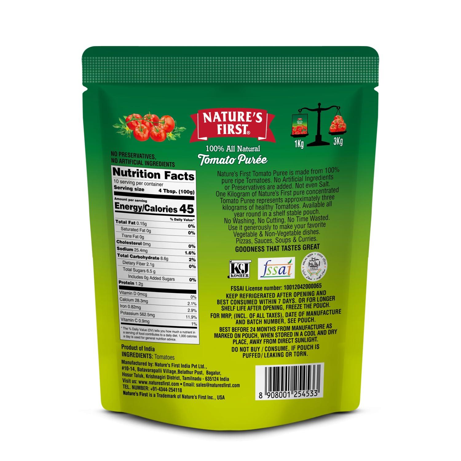 NATURE'S FIRST Nature\'s First Tomato Puree 1 Kg (Pack of 4), Fresh, Thick & Natural Tomato Paste for Cooking, Add Rich Flavour in Dishes, No Added Salt, No Preservatives, Sweet and Pure, Vegetarian
