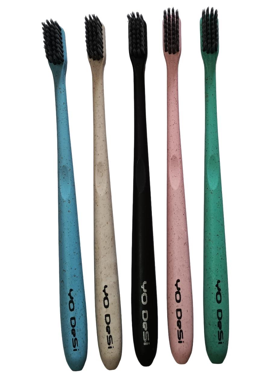 YO DeSi - your own desi YO Desi- Eco-Friendly Biodegradable Toothbrush, Charcoal activated Bamboo Bristles, Manual Toothbrush (5pcs)