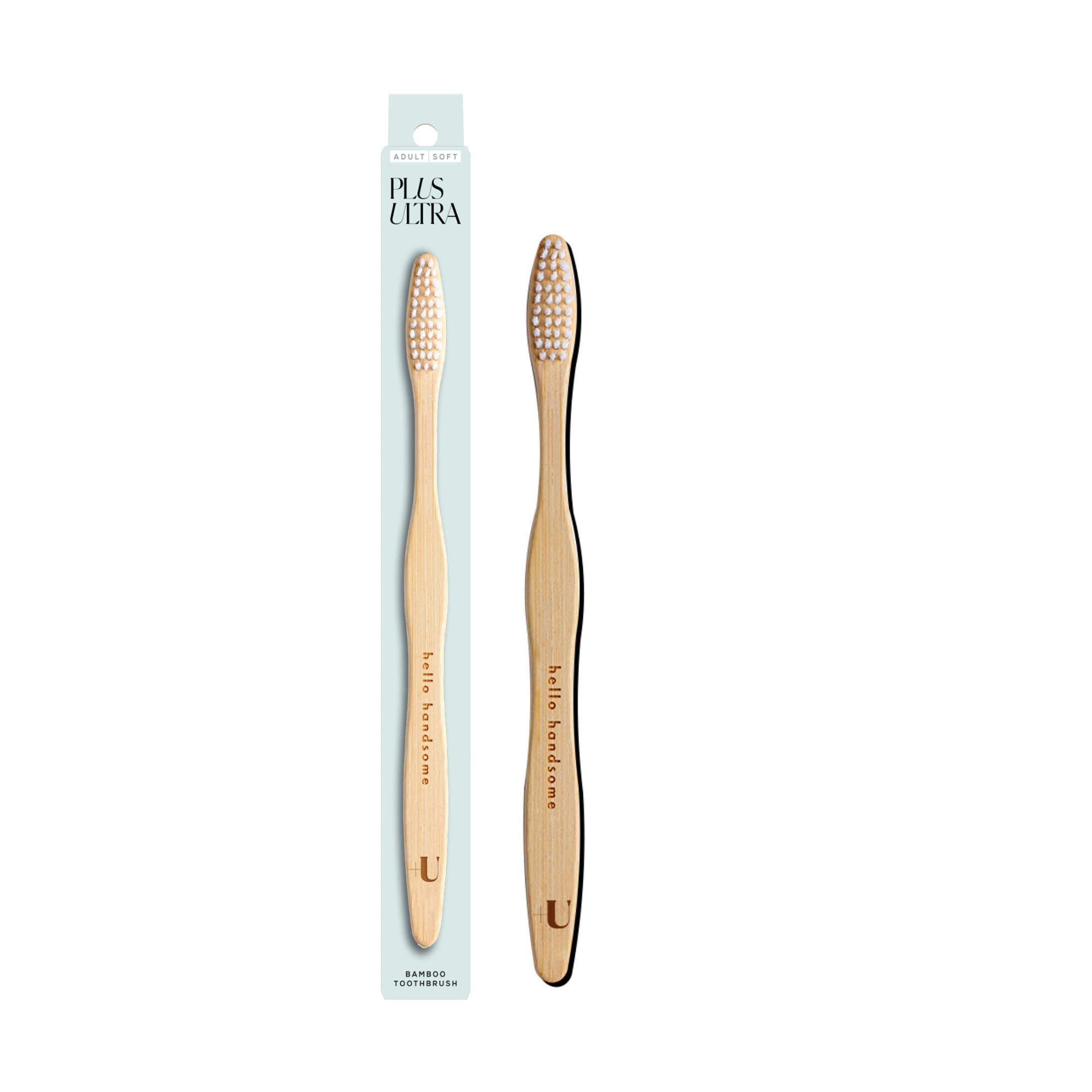 Plus Ultra PLUS ULTRA Adult Size Bamboo Toothbrush\"Hello Handsome\" with Soft, Wave-Shaped, BPA Free Nylon Bristles and Plant Based, Natural, Biodegradable Handle