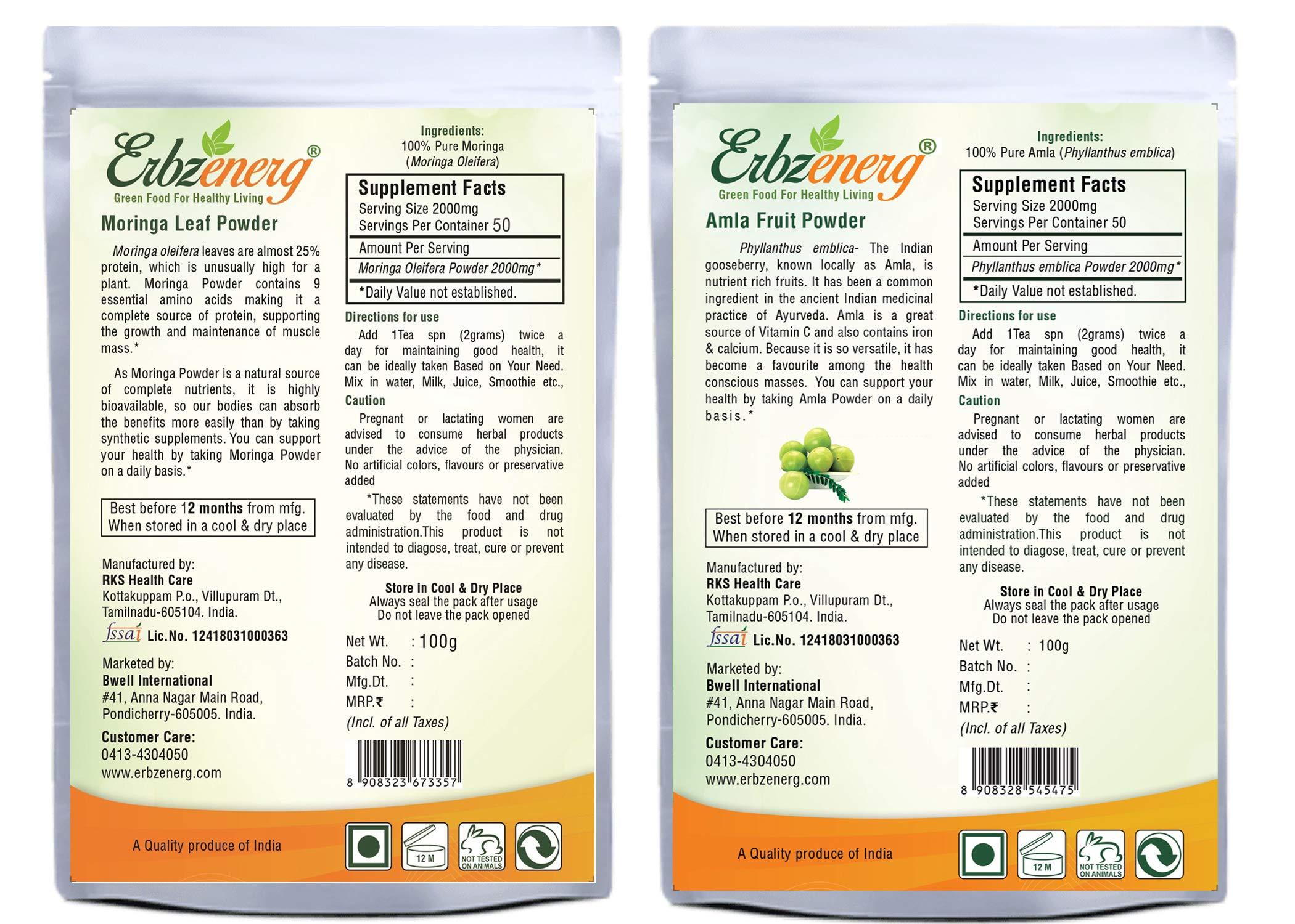 ERBZENERG ERBZENERG Organic Moringa Powder 100g and Organic Amla Fruit Powder 100G