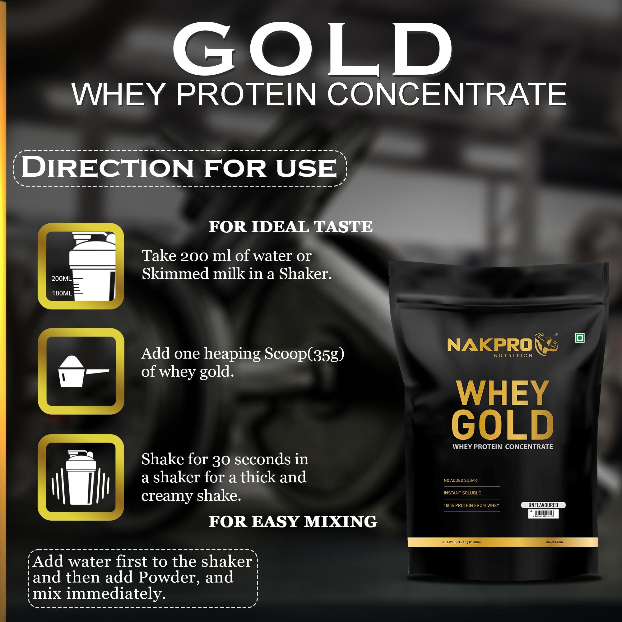 NAKPRO Nakpro Gold Whey Protein Concentrate Powder with Shaker Bottle | Fast Digesting Whey Protein Supplement Powder for Men, Women & Athletes (Unflavoured, 1 Kg + 500ml Shaker Bottle)