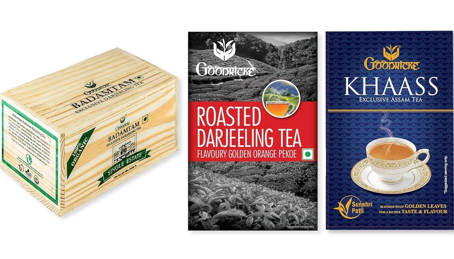GOODRICKE GOODRICKE Value Pack - Roasted Darjeeling Tea (250g) + Khaass Assam Tea (250g) + Badamtam Premium Organic Darjeeling Tea (250g) | Richer Taste & Flavour
