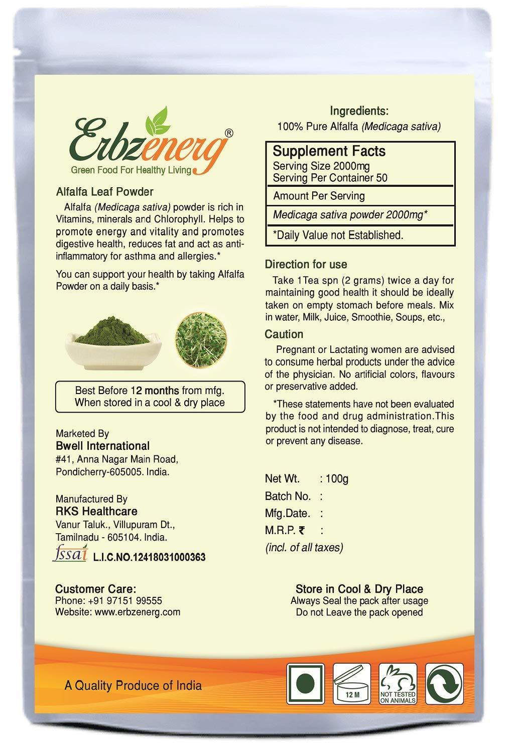 ERBZENERG ERBZENERG? Alfalfa (Medicago sativa) Lucerne/Kuthiraimasal/Grass seeds Powder 100g (Pack of 1)