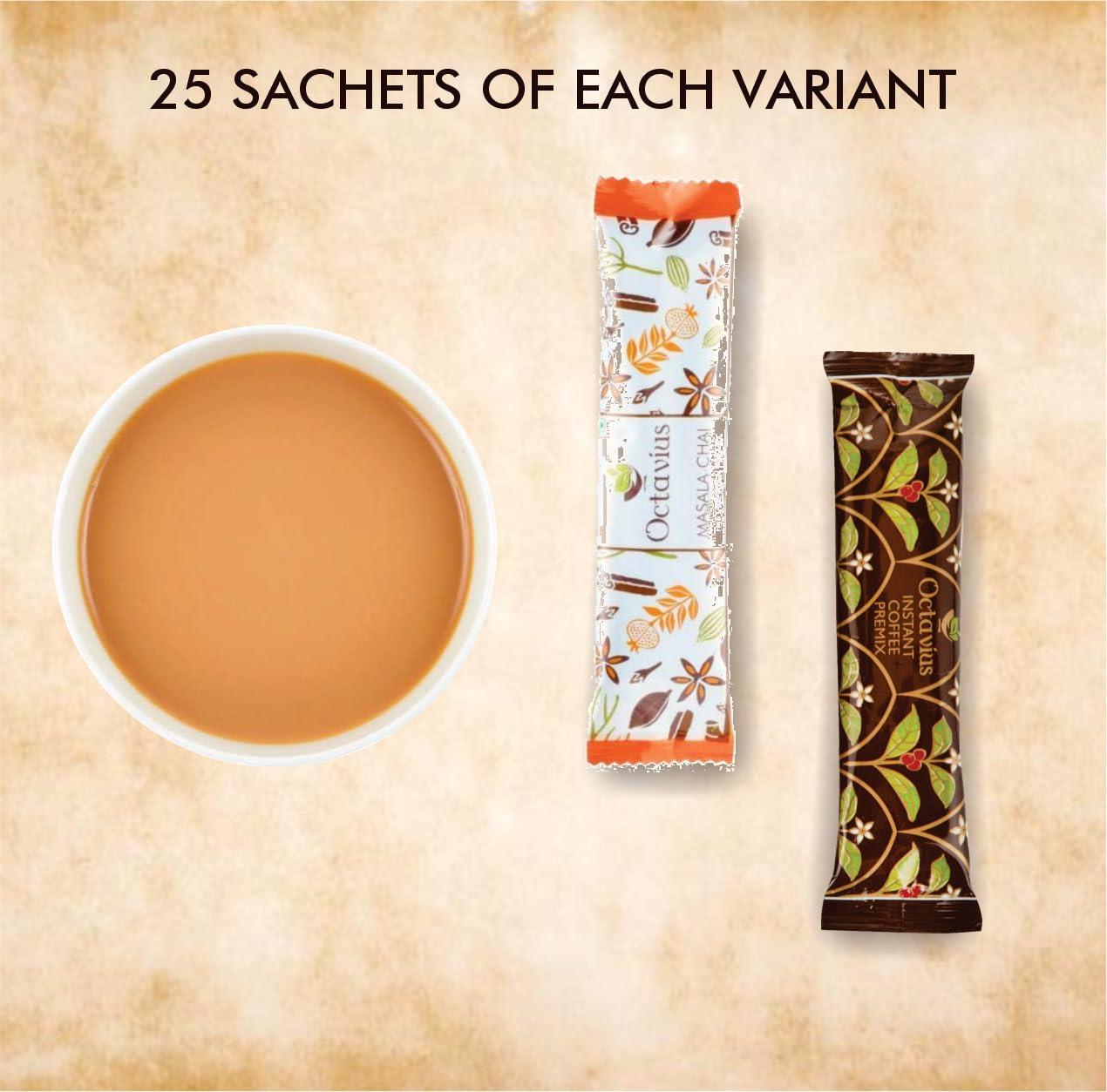 Octavius Octavius | Indian Masala & Coffee 2 in 1 Premix Tea & Coffee -50 Pouches | Economy Pack | Readymade Tea Mix | Ready Tea & Coffee | Premix Tea Powder | Instant Tea | Tea Premix | Economy Pack -(15Gm X 50 Sachets)