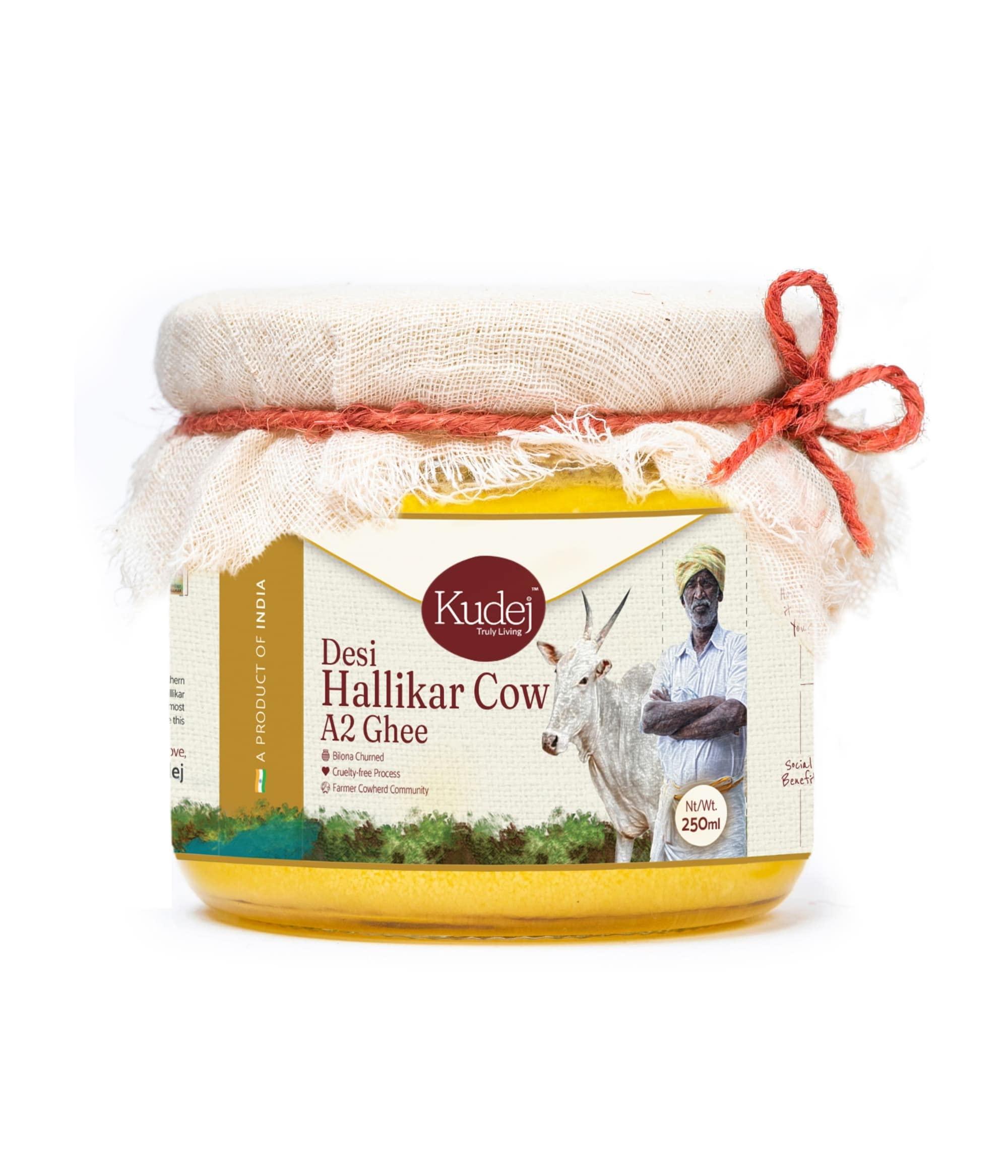 Kudej Kudej || Desi Hallikar Cow Pure A2 Ghee from Kaveri belt - 100% Bilona Churned Premium Cultured Ghee, Made using Ancient Vedic Processes, 250ML Glass Bottle with Sustainable Packaging