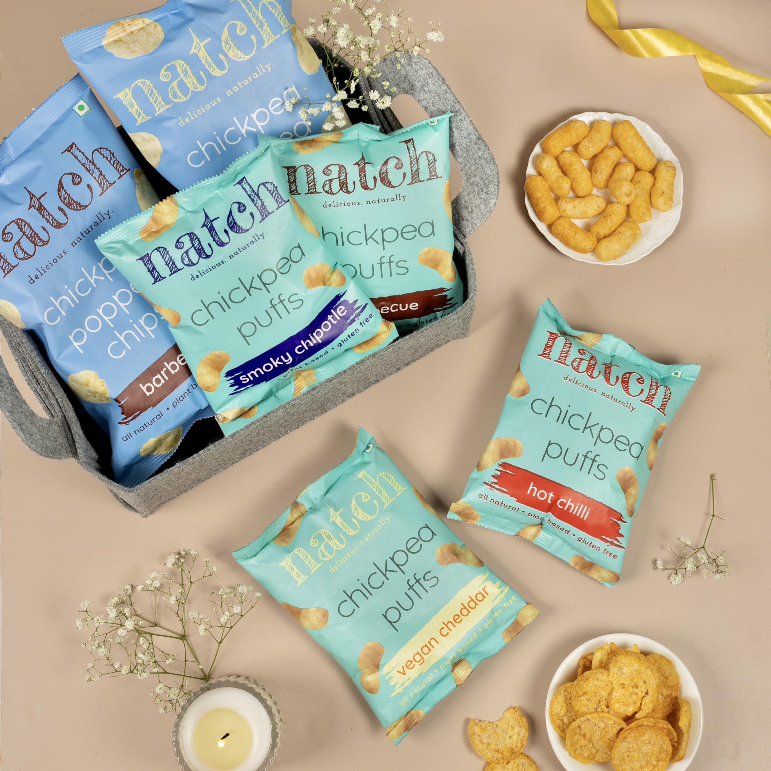 natch Natch Chickpea Puffs & Popped Chips Variety Pack, Popped Chips Barbecue, Garlic & Herb, Puff Barbecue, Vegan Cheddar, Hot Chilli, Smoky Chipotle, Rich in Fiber & Protein (Pack of 6)