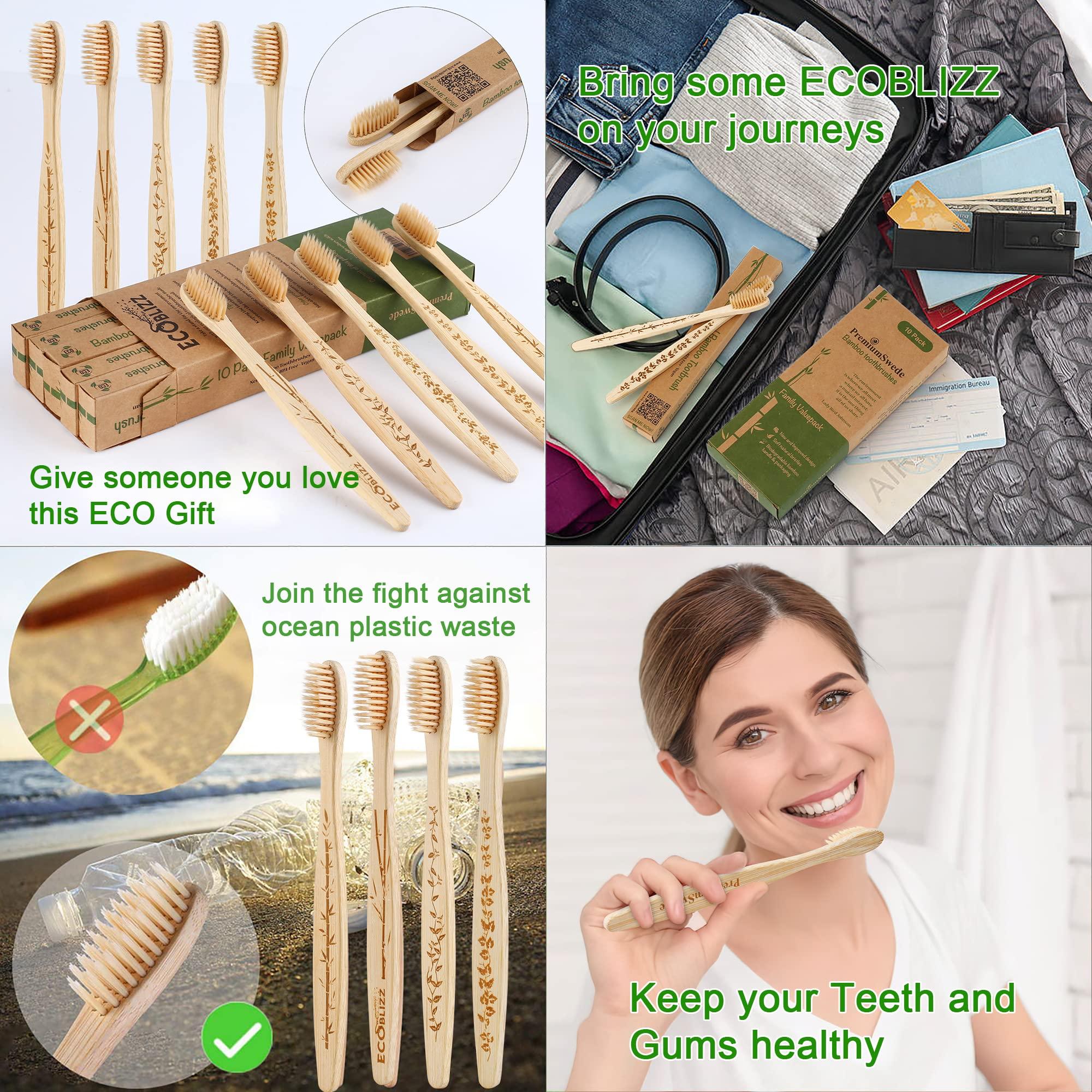 Premiumswede Bamboo Toothbrushes Biodegradable Eco Friendly - Natural Wooden Toothbrush with Soft Bristles - for Kids, Adults - Family 10 Pack
