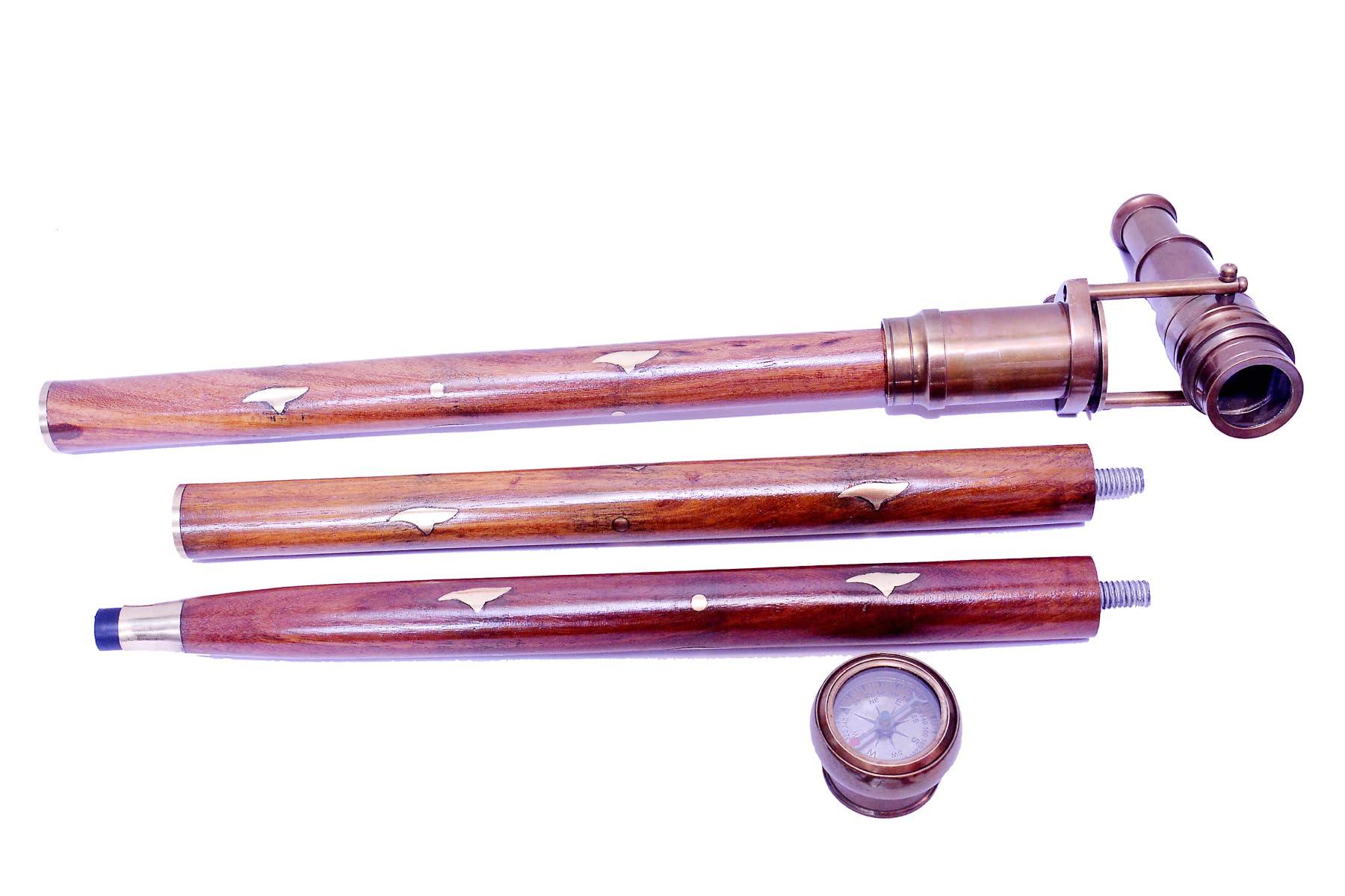 AS BRASS INSTRUMENT Victorian Walking Cane with Telescope Compass On Top Spyglass Handle Walking Stick Hand Foldable Nautical Wooden Walking Stick
