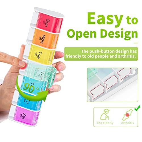Windtrace 7 Days AM PM Pill Organizer - 2 Times a Day Large Weekly Pills Case, BPA-Free Pills Box Container Cases, Morning and Night Pill Boxes with Unique Push-Button Pop Open Design Hold Vitamin, Medicine