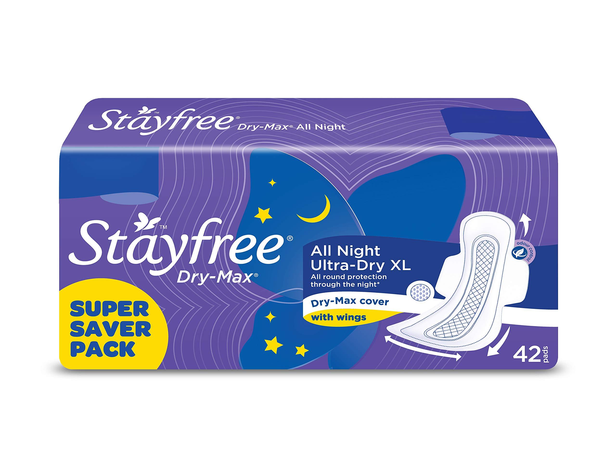 Stayfree Stayfree Secure XL Cottony Sanitary Napkins with Wings, Extra Large (60 Count) & Stayfree All Night XL Dry Max Cover Sanitary Napkins - 42 Pads (Super Saver Pack)
