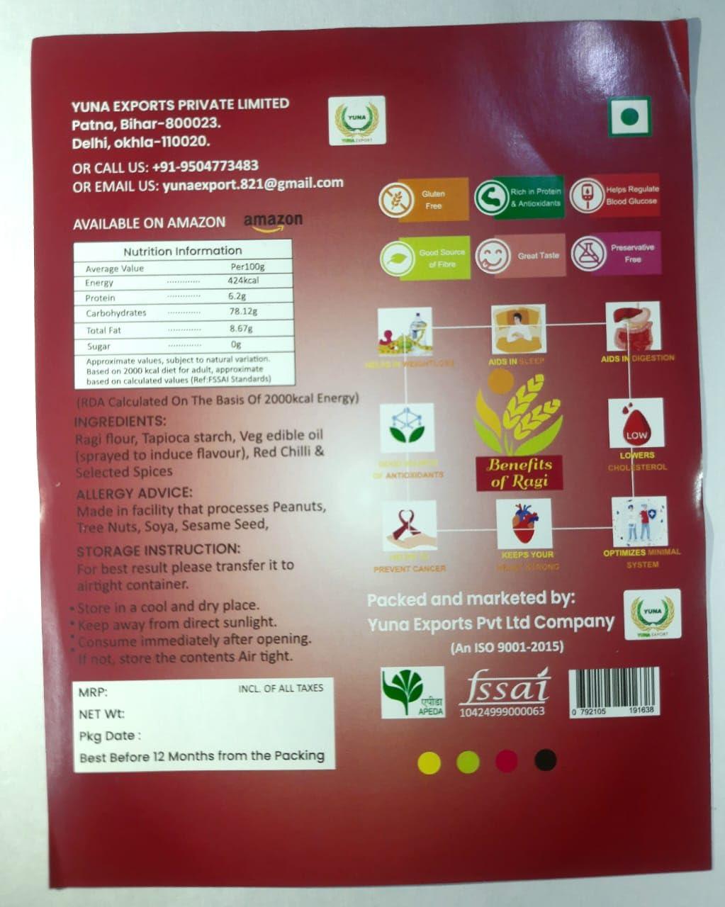 Yuna Exports Pvt Ltd Teasty And Crunchy Millet Chips To Enjoy The Fun,Chips To Change Your Mood,Crunchy chips,Ragi Chips,Peri Peri Chips,100gm Chips,Chips (Ragi Chips Masala)