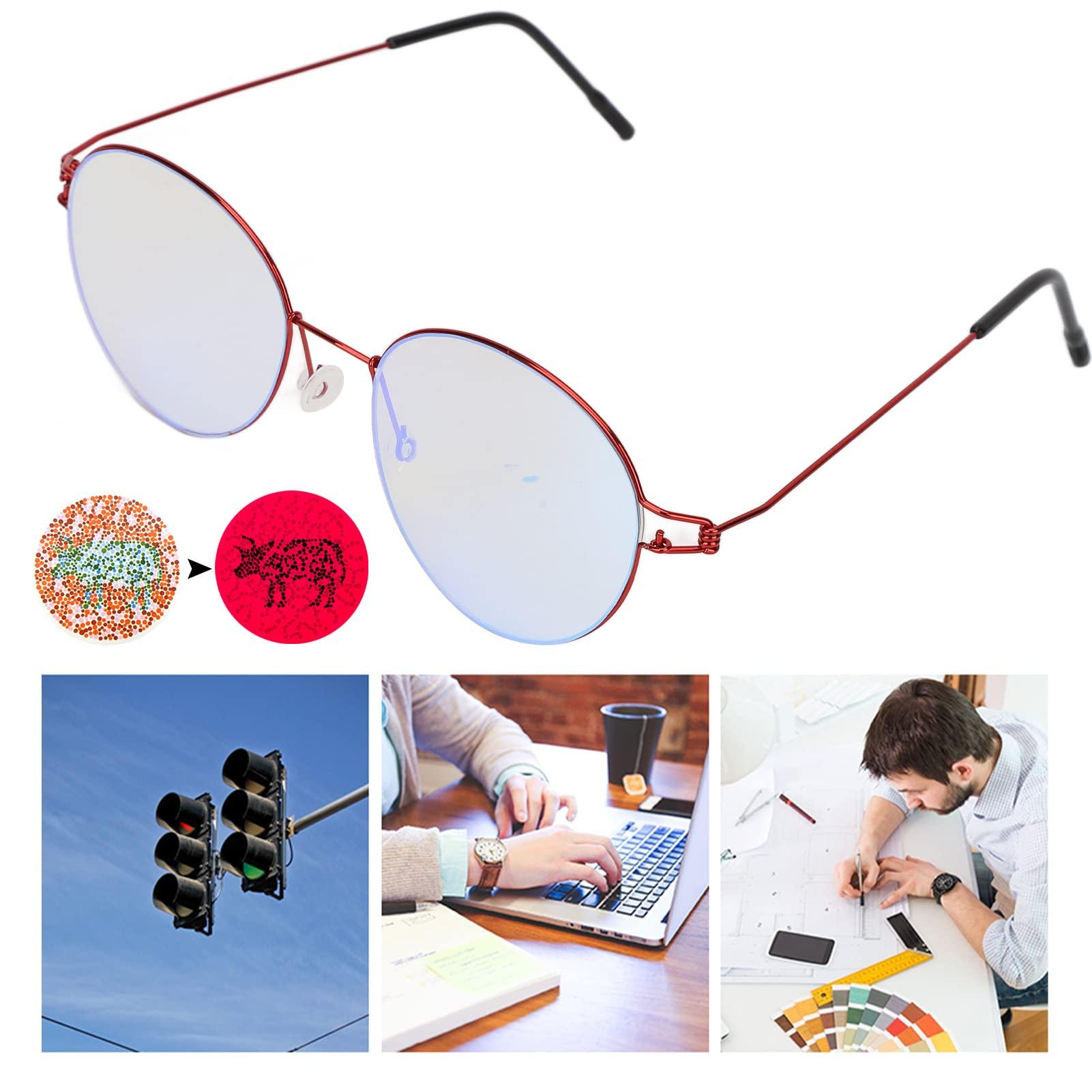 cooden Red Green Color Blind Glasses, PC Lens Stainless Steel Frame Colorblind Glasses for Men Women Colorblind Correcting Glasses for Red Green Blindness Indoor Outdoor Use (Red Frame)
